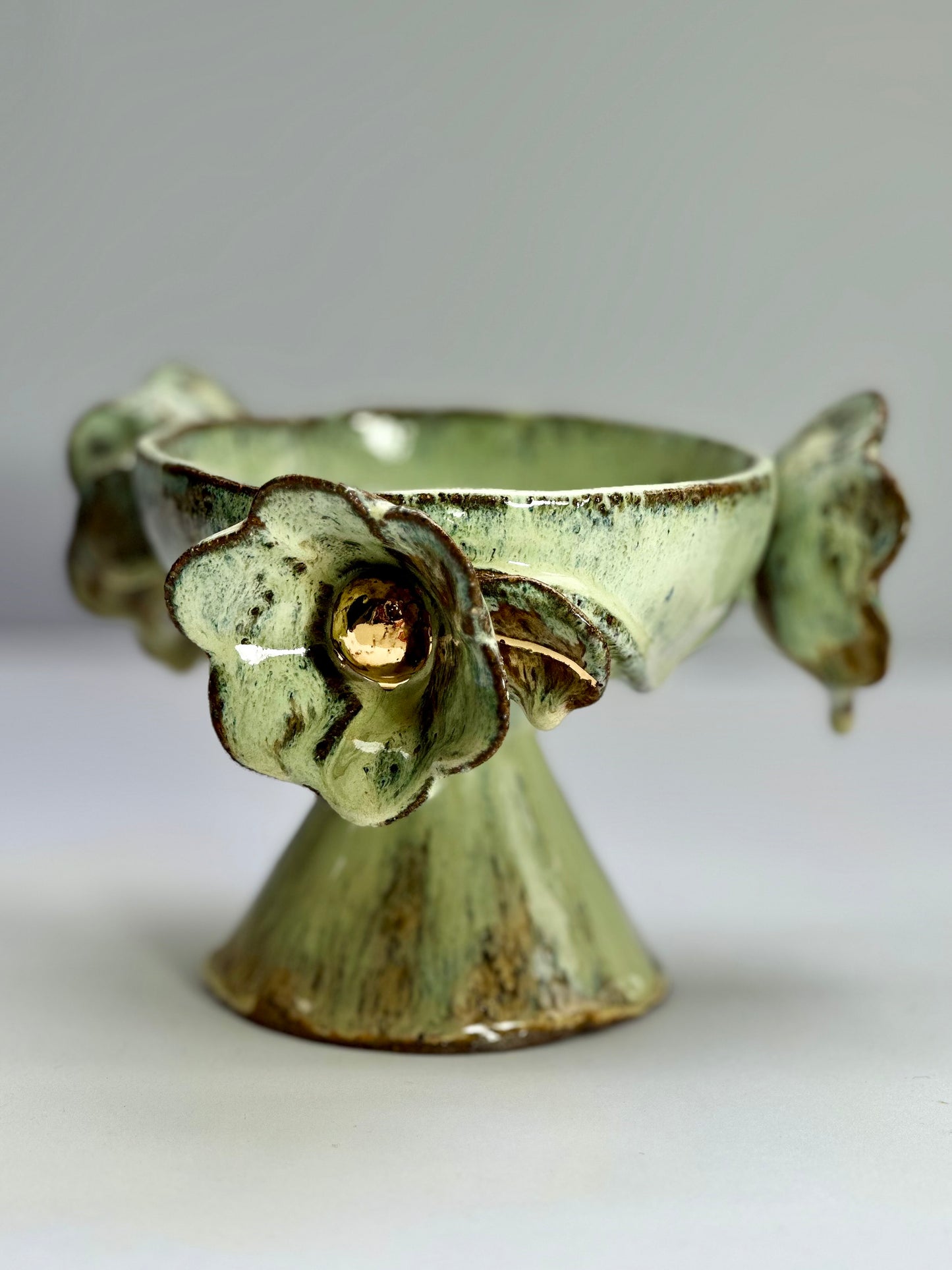 Green Speckled Bowl with Gold Lustered Blooms