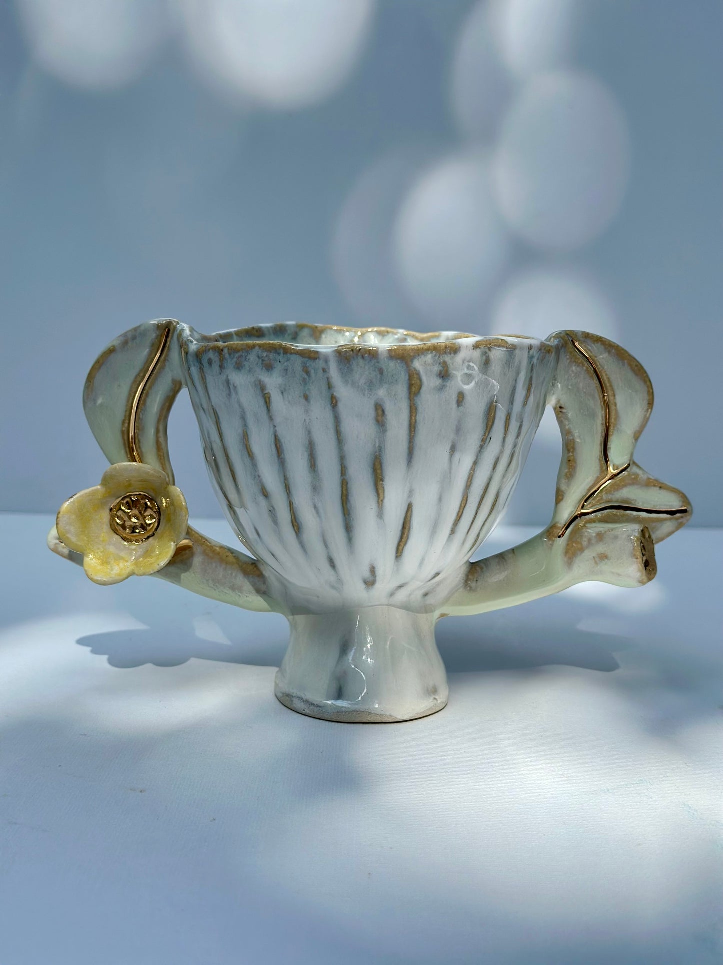 Lizzie, White Trophy with Leaf Handles and lustered blooms