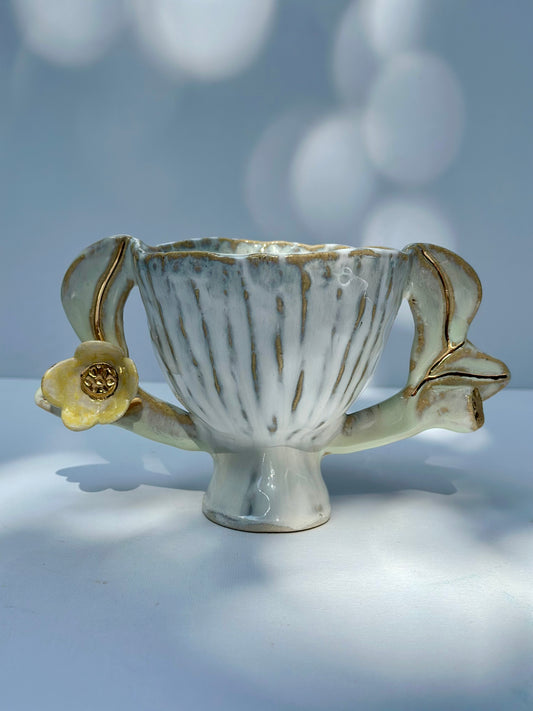 Lizzie, White Trophy with Leaf Handles and lustered blooms