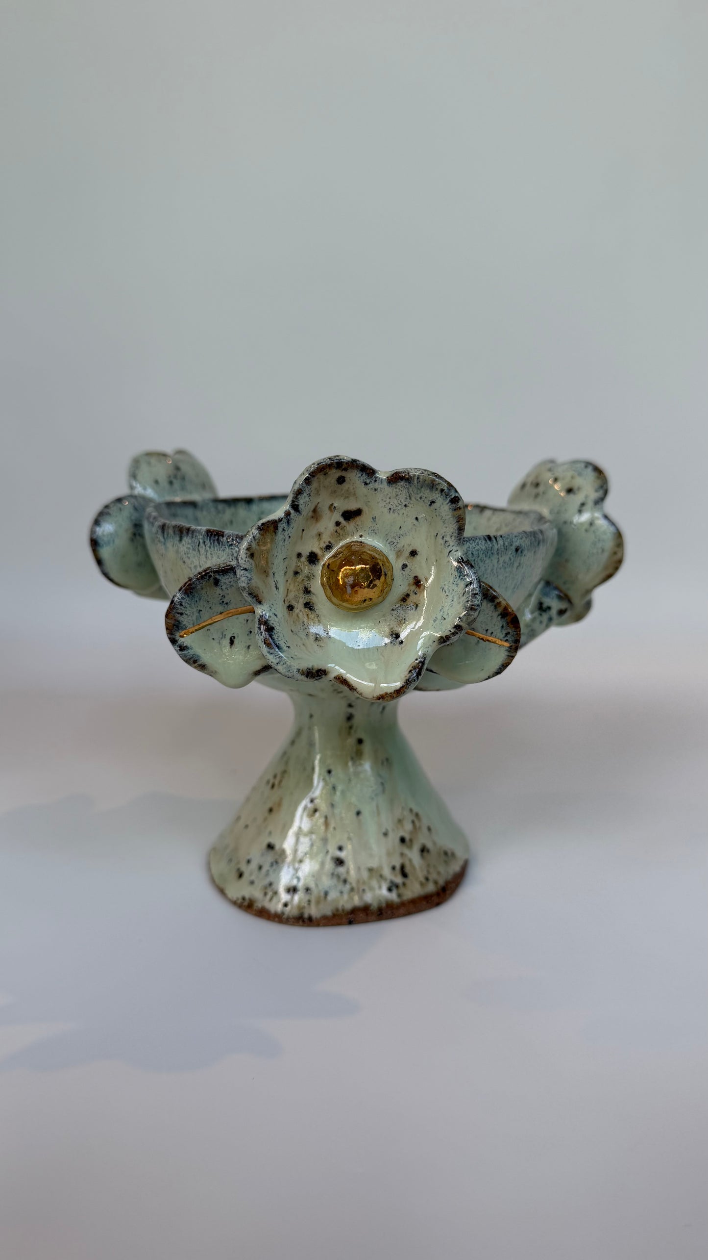 Green Speckled Bowl with Gold Lustered Blooms - Elle