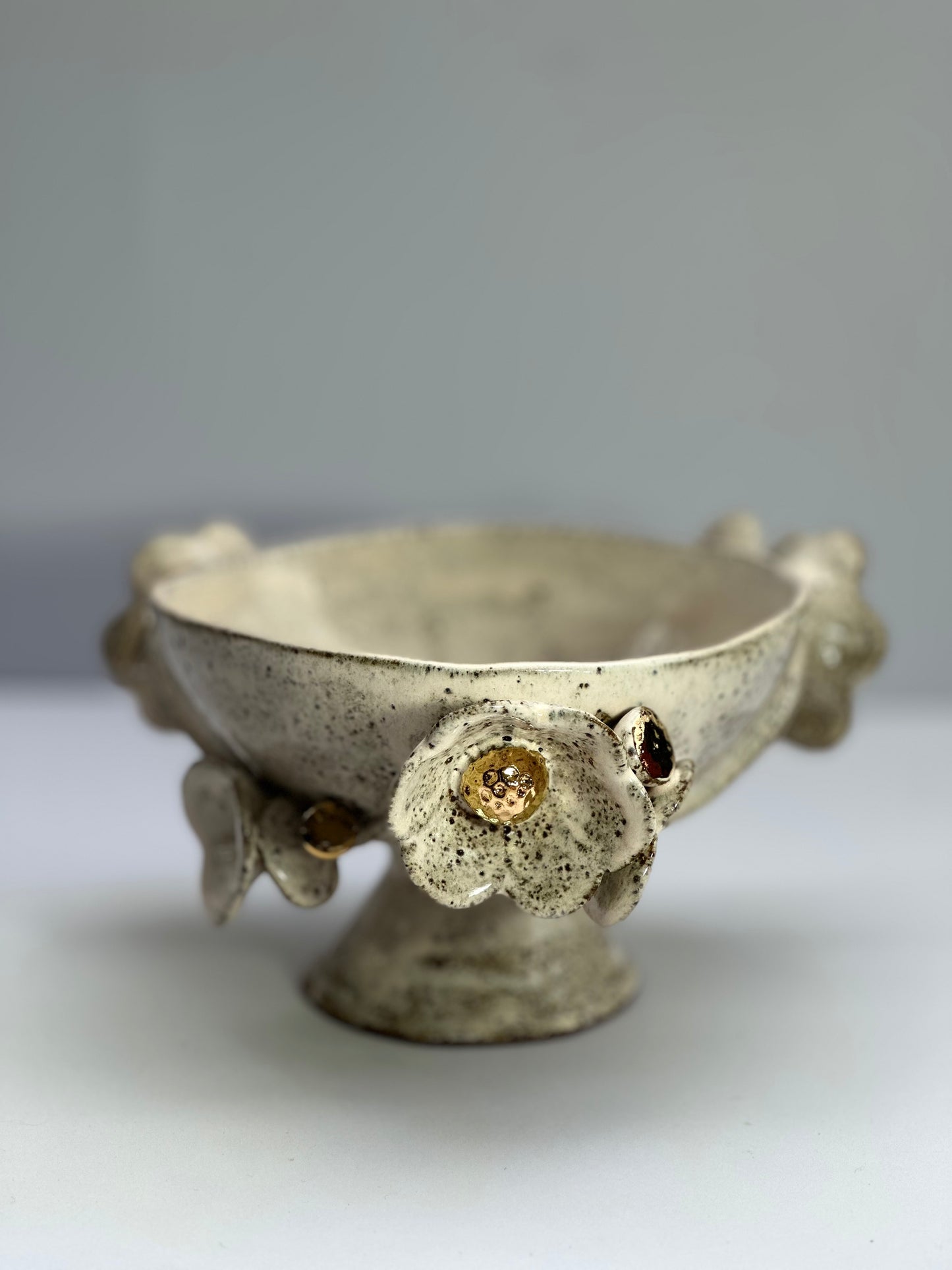 Soft Blossom Pink Speckled Bowl with Gold Lustered Blooms