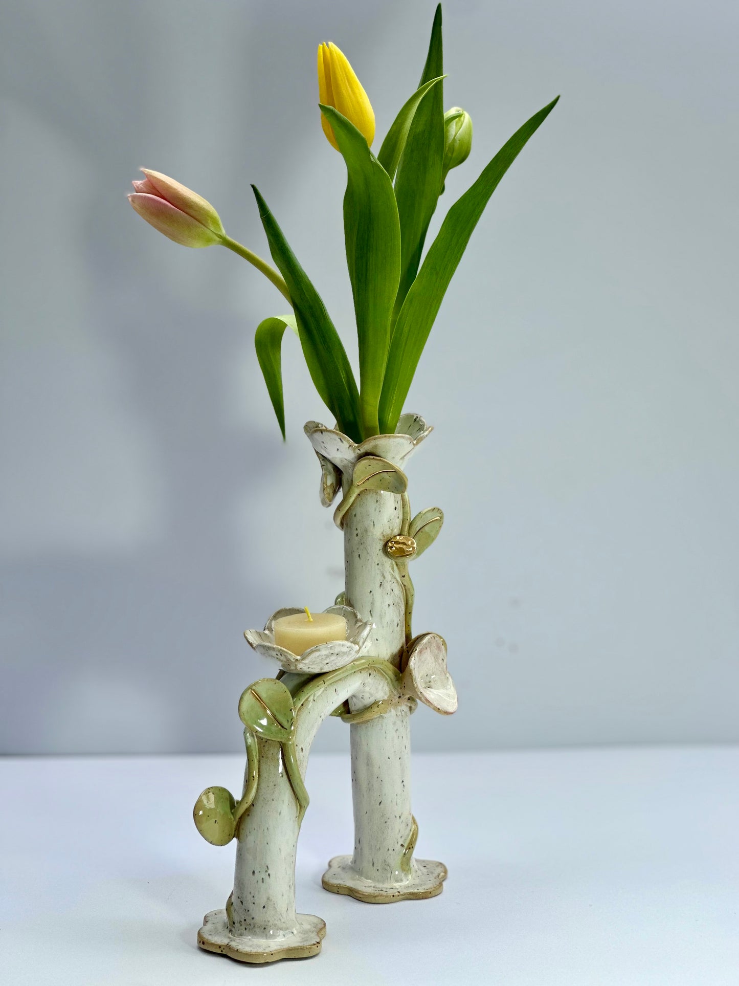 White Honey Speckle Flowers and Flame Vase, Tall