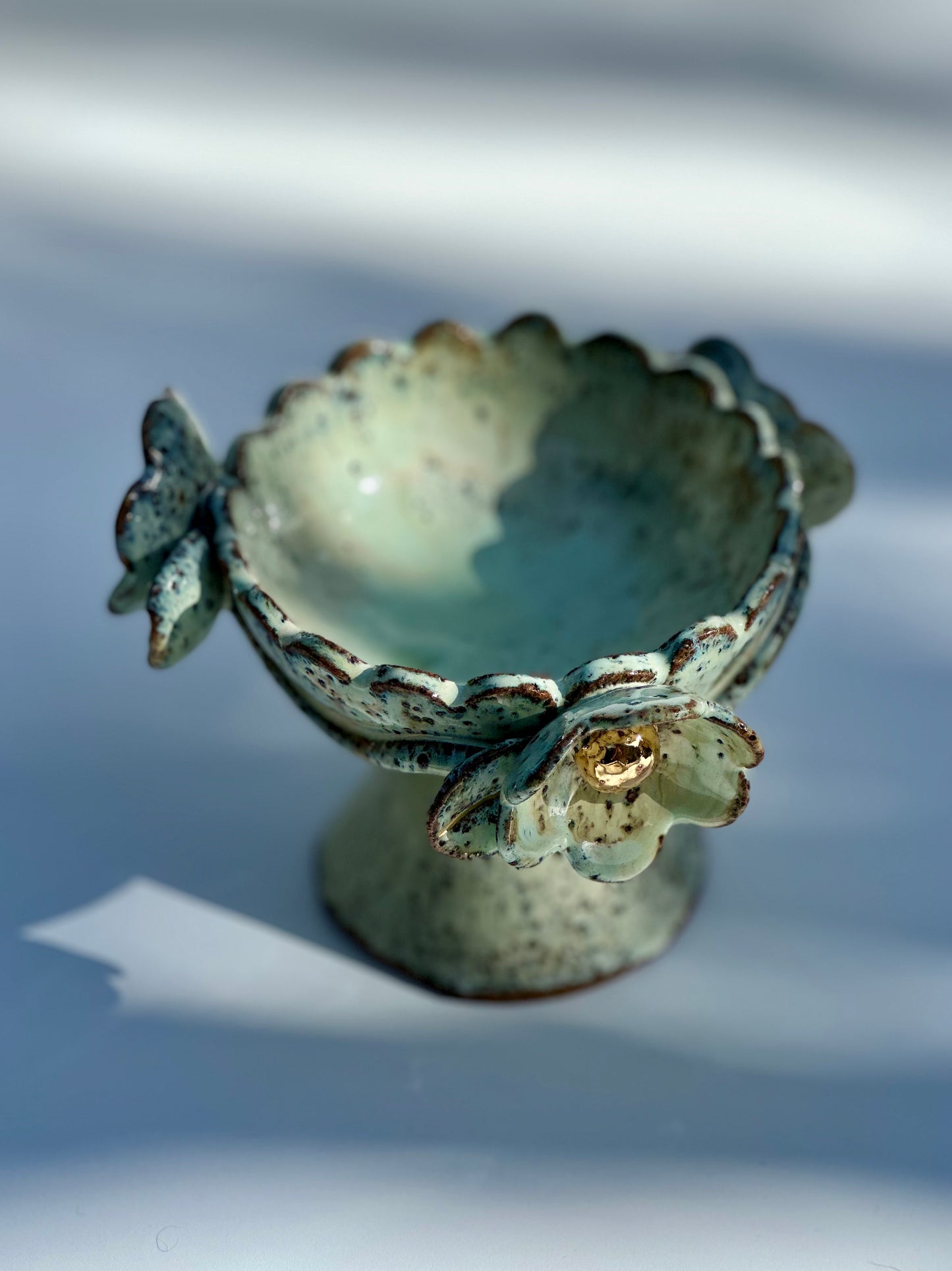 Green Speckled Bowl with Gold Lustered Blooms