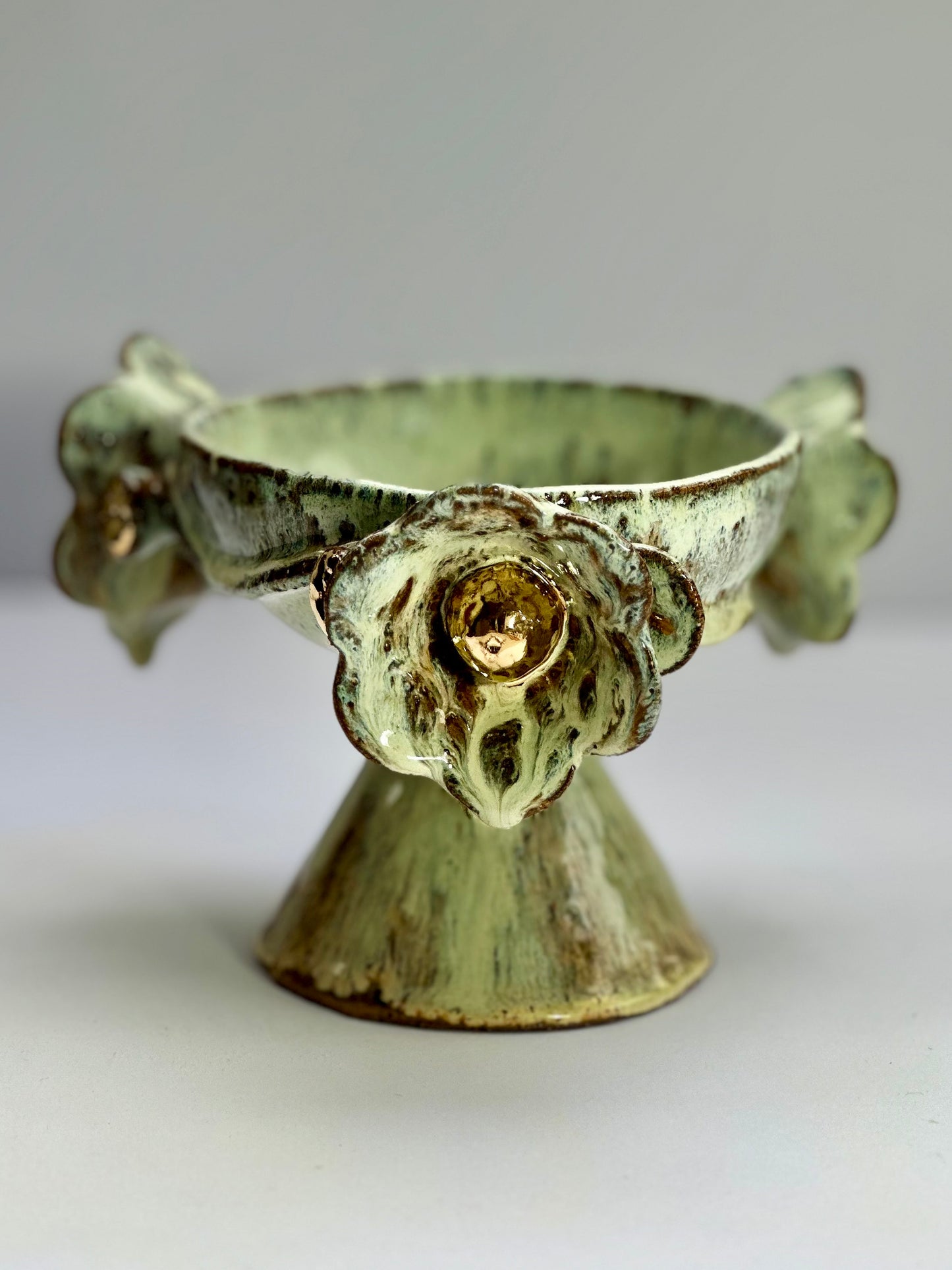 Green Speckled Bowl with Gold Lustered Blooms