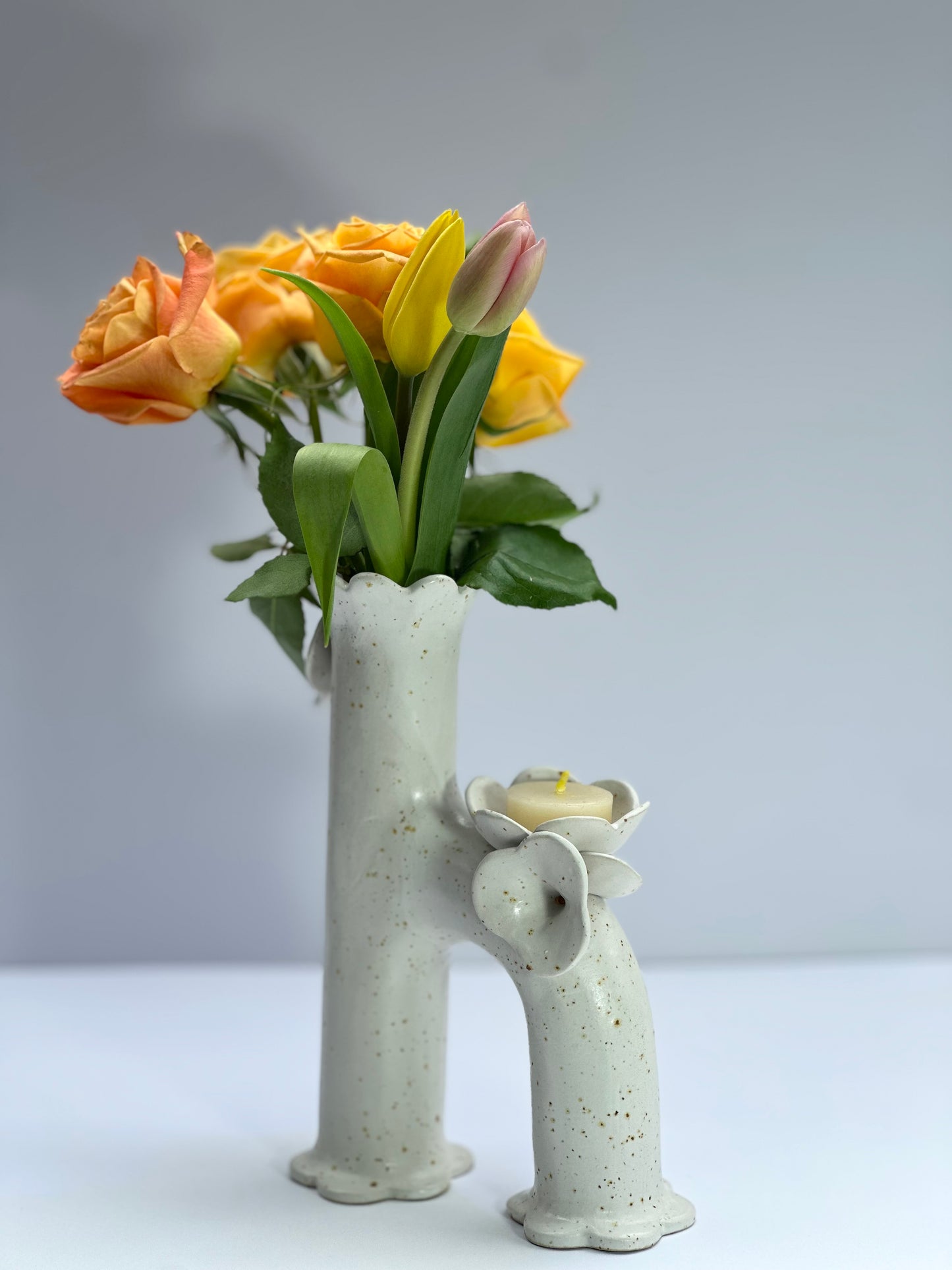 Matte White Speckle Flowers and Flame Vase