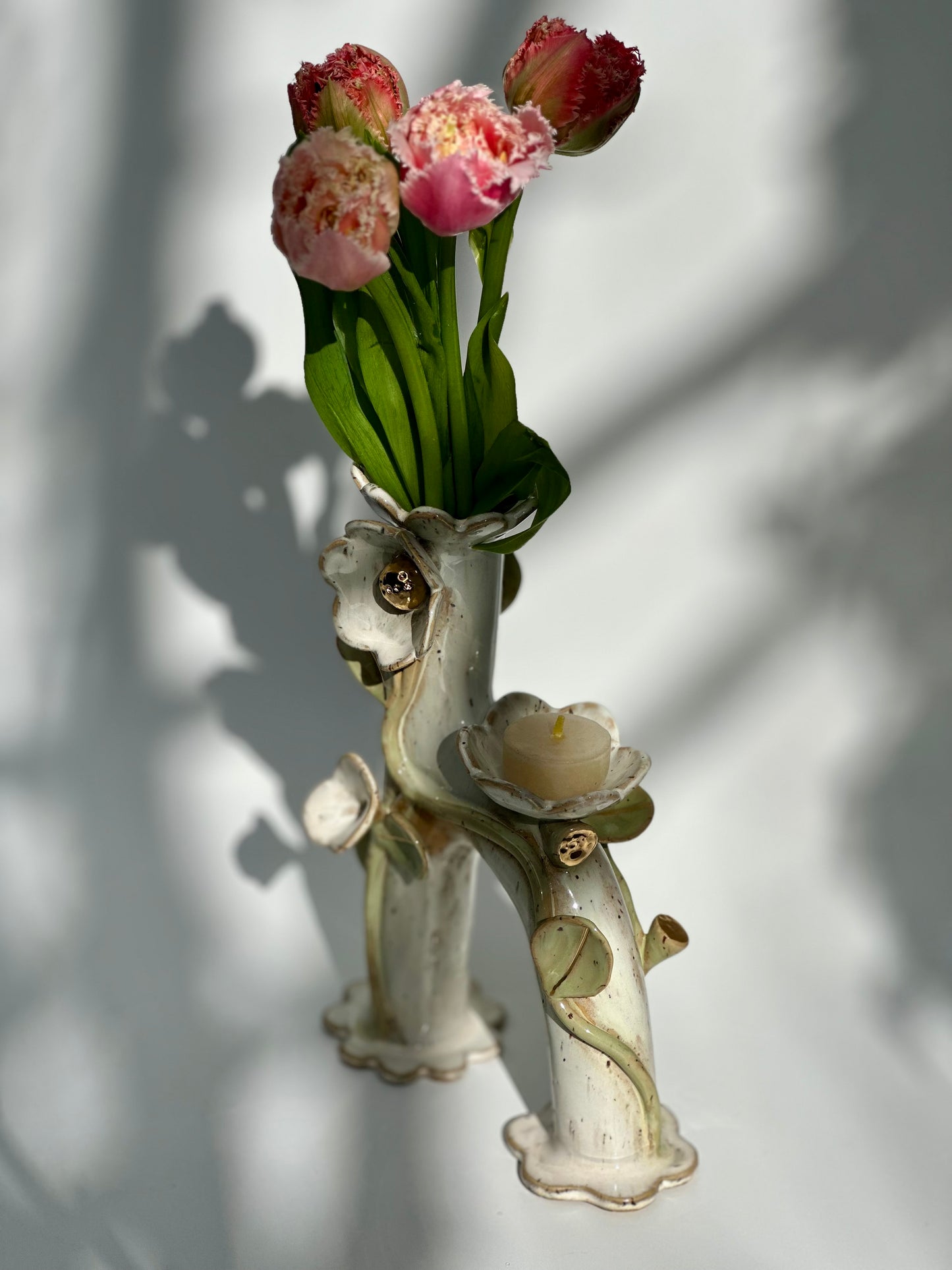 White Honey Speckle Flowers and Flame Vase, Tall