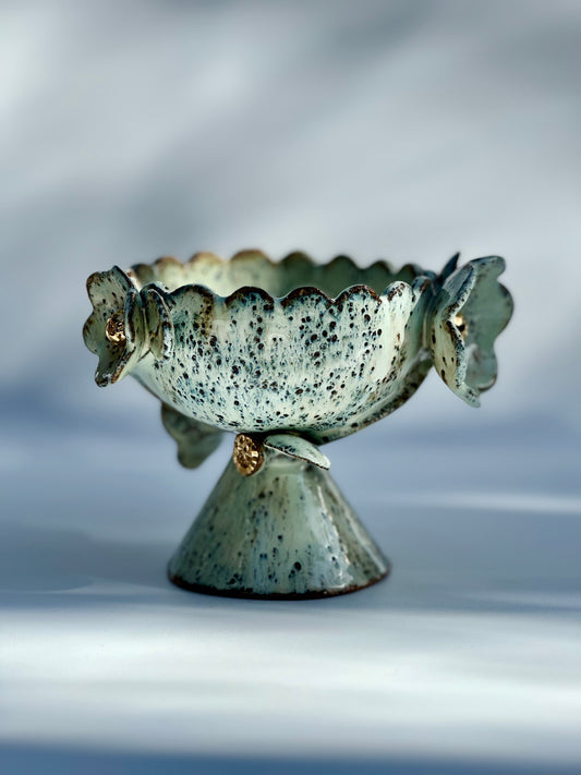 Green Speckled Bowl with Gold Lustered Blooms
