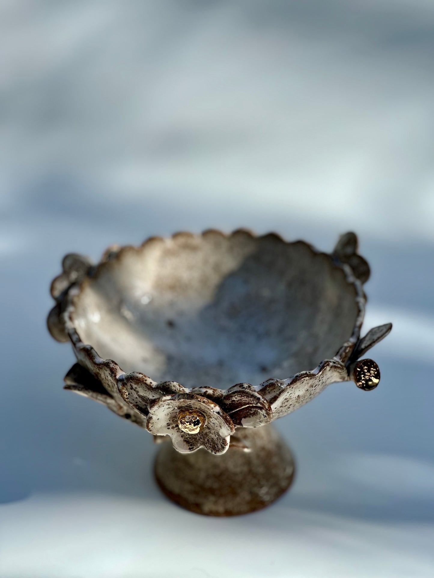 Soft Blossom Pink on Speckled Dark Clay Bowl with Gold Lustre Blooms