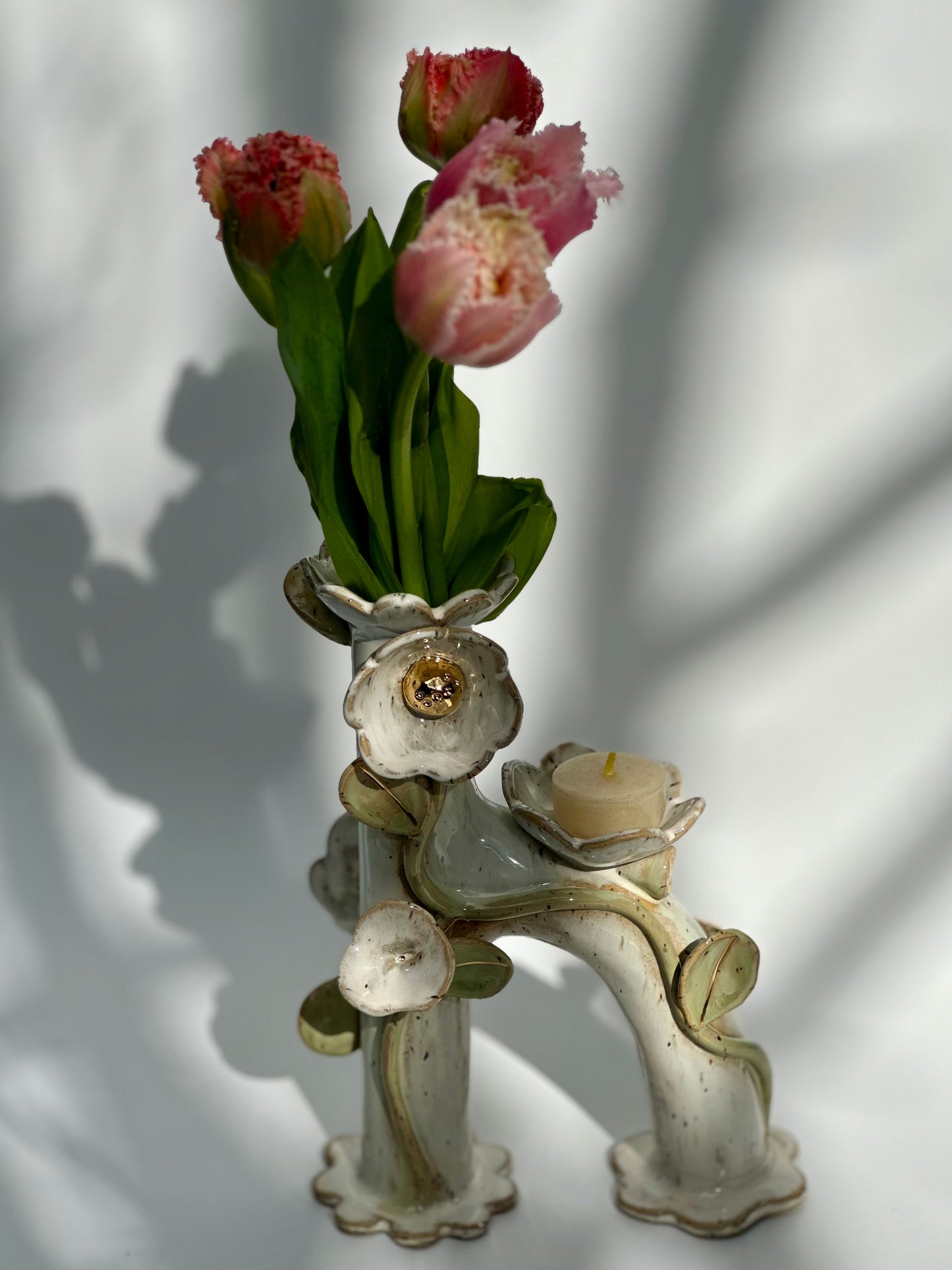 White Honey Speckle Flowers and Flame Vase, Tall