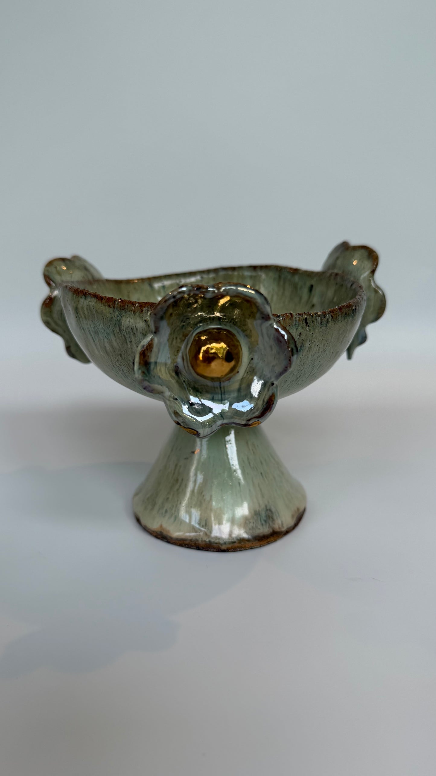 Green Speckled Bowl with Gold Lustered Blooms - Marguerite