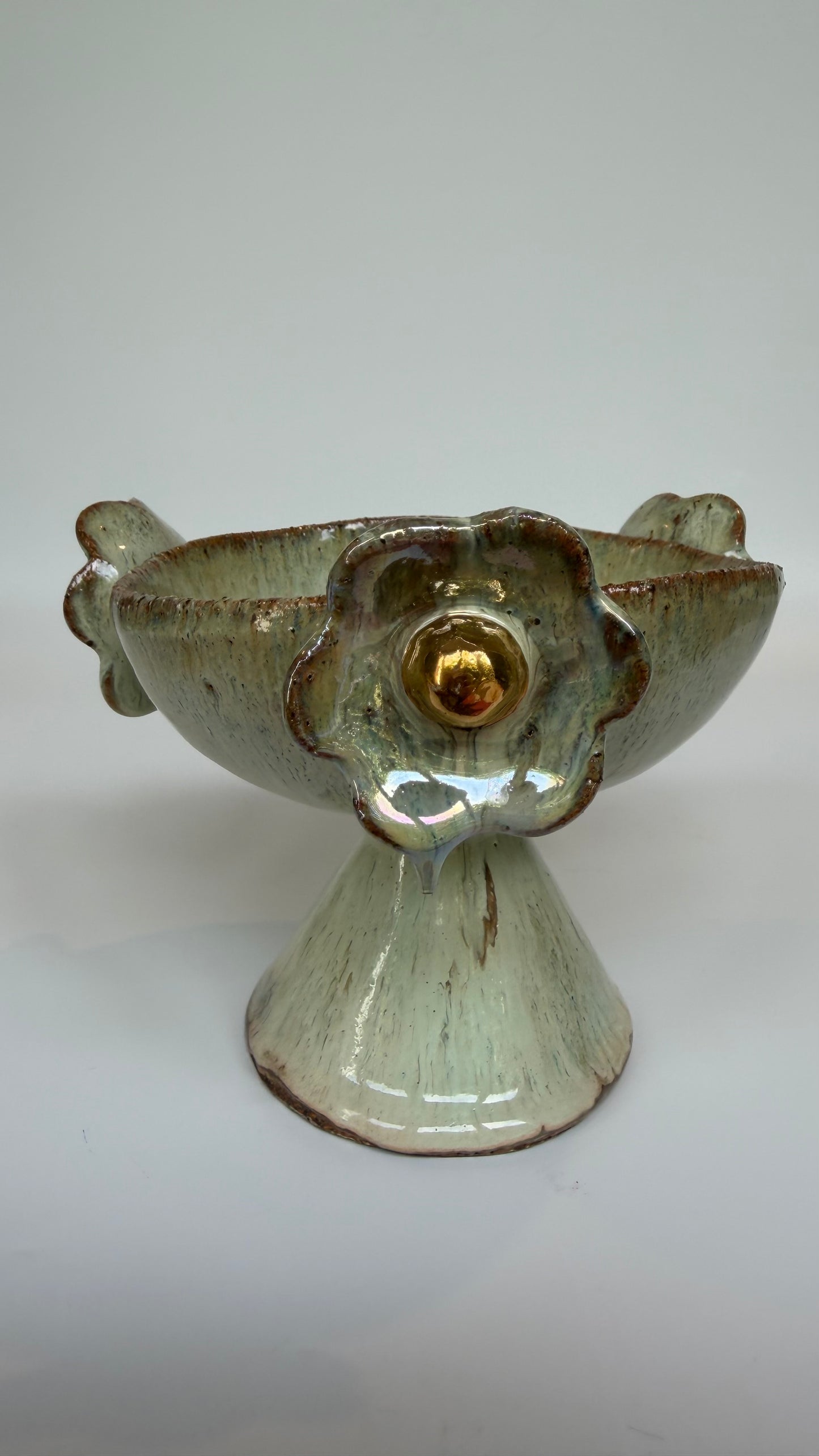 Green Speckled Bowl with Gold Lustered Blooms - Marguerite