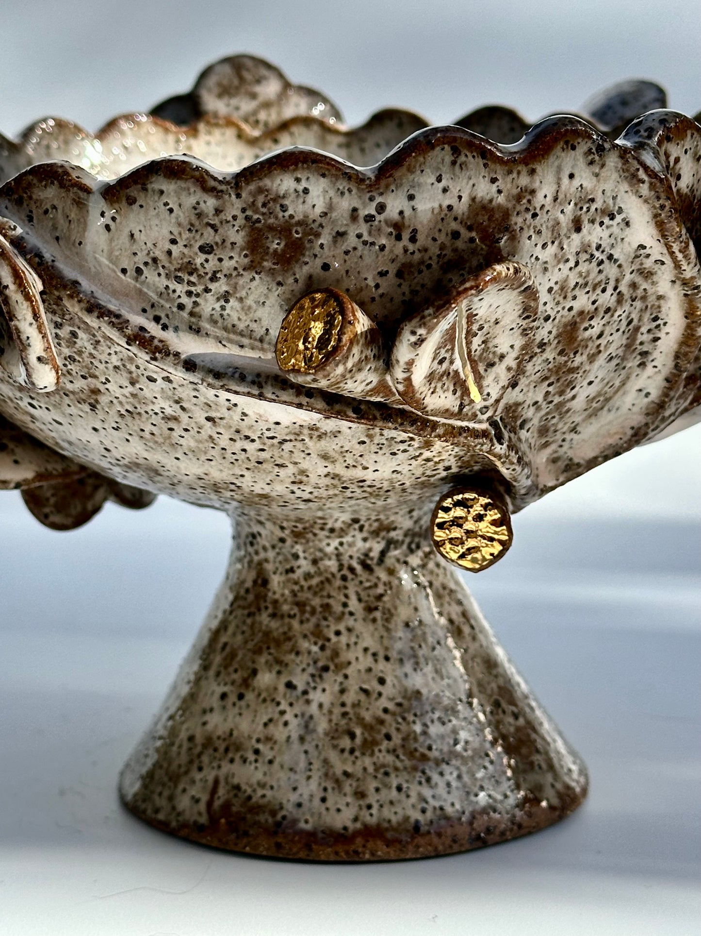 Soft Blossom Pink on Speckled Dark Clay Bowl with Gold Lustre Blooms
