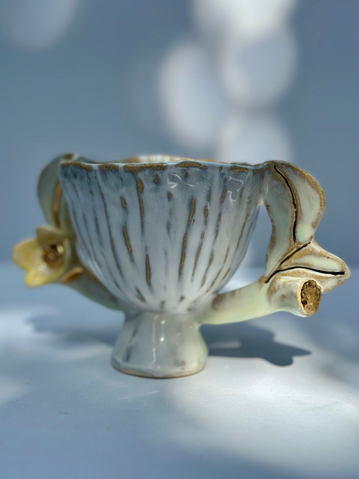 Lizzie, White Trophy with Leaf Handles and lustered blooms