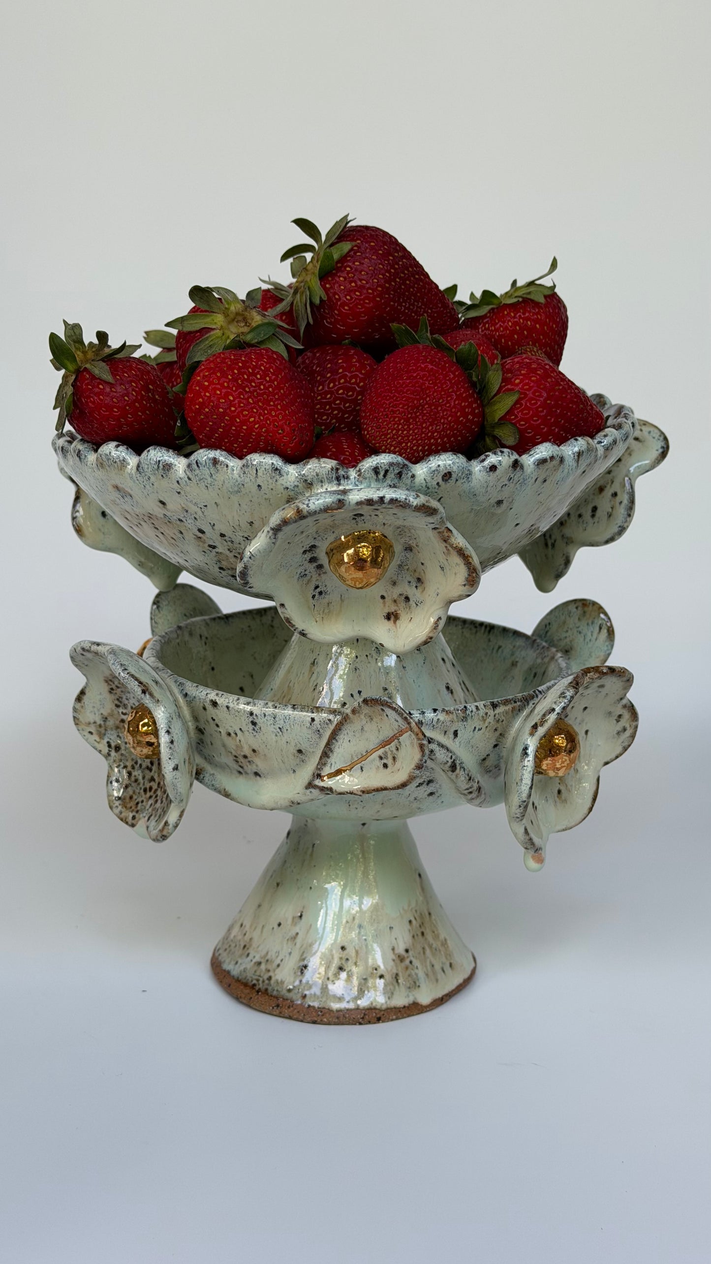 Green Speckled Bowl with Gold Lustered Blooms and Scalloped Top