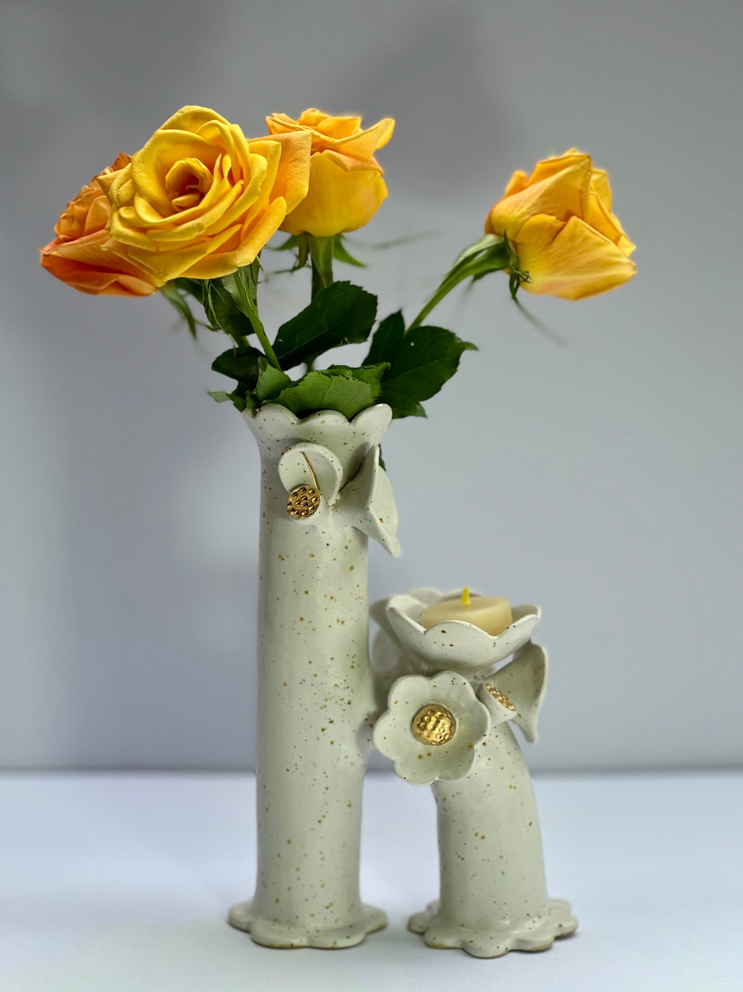 Matte White Speckle Flowers and Flame Vase, Large