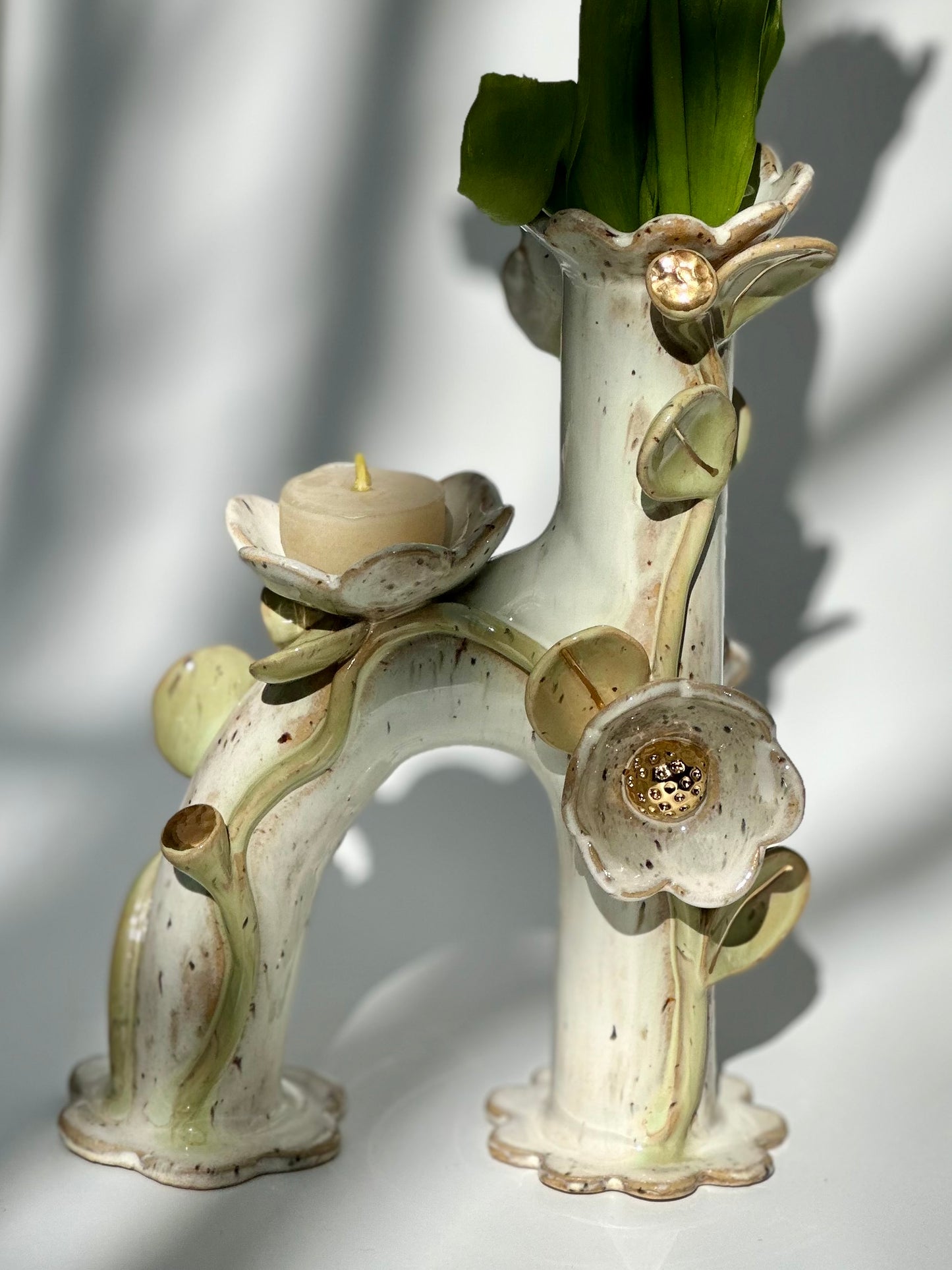 White Honey Speckle Flowers and Flame Vase, Tall