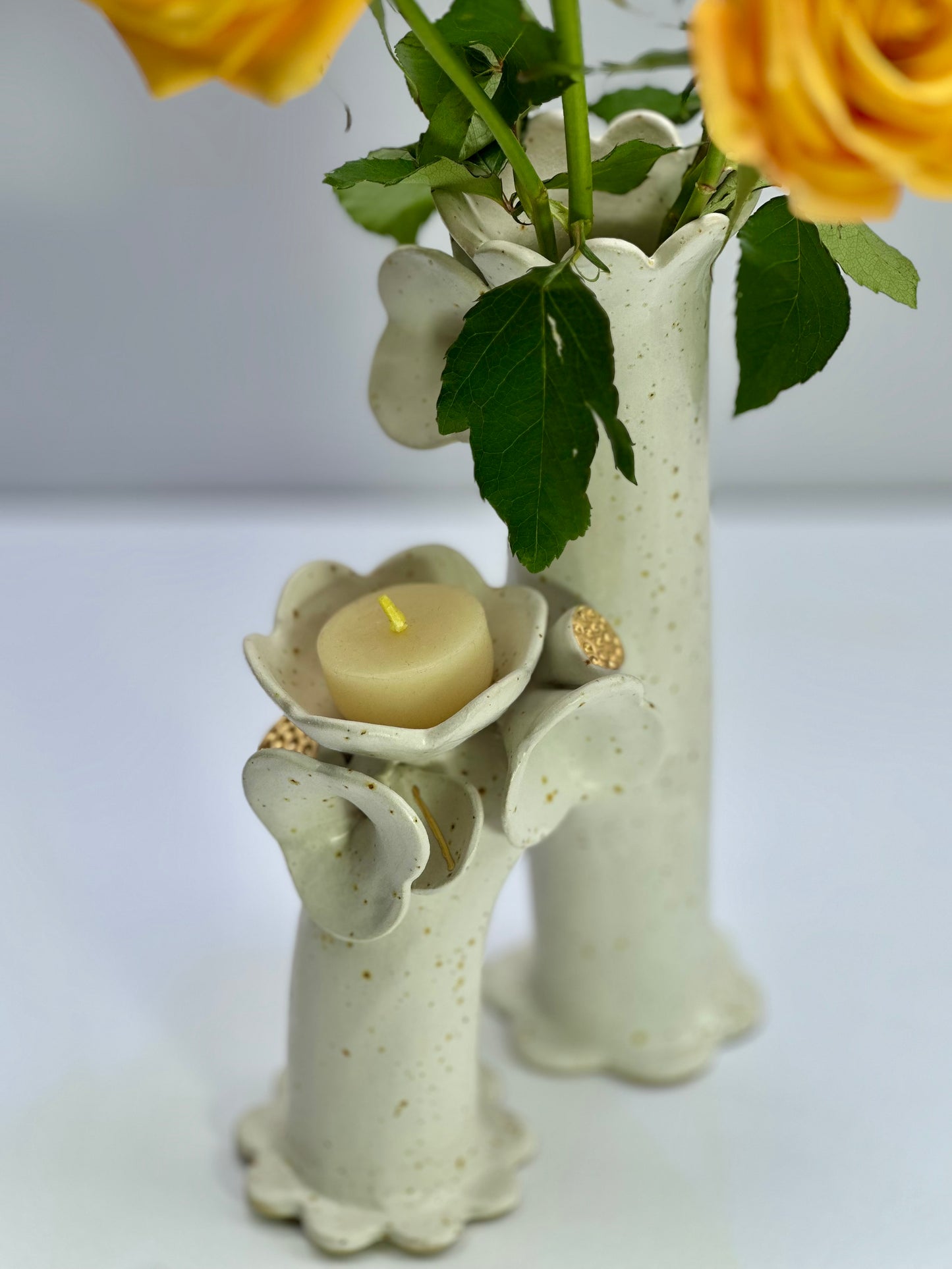 Matte White Speckle Flowers and Flame Vase, Large