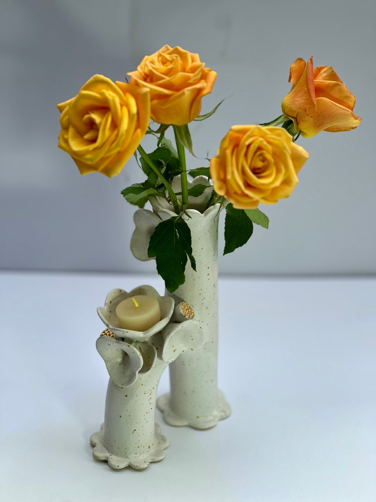 Matte White Speckle Flowers and Flame Vase, Large