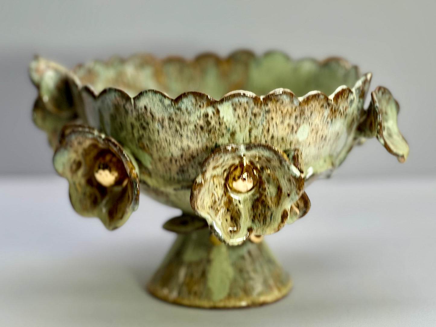 Green Speckled Bowl with Gold Lustered Blooms, 21