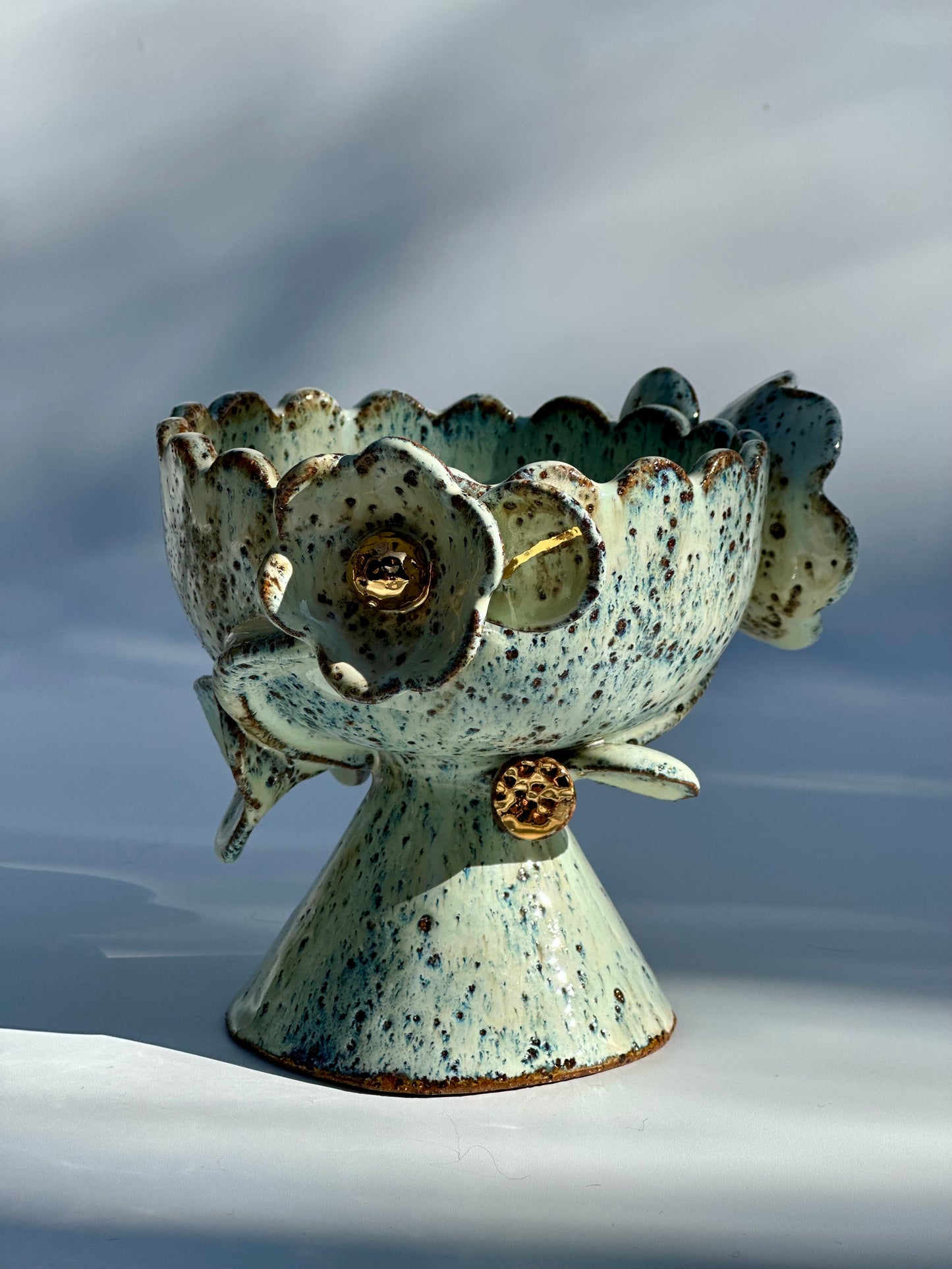 Green Speckled Bowl with Gold Lustered Blooms