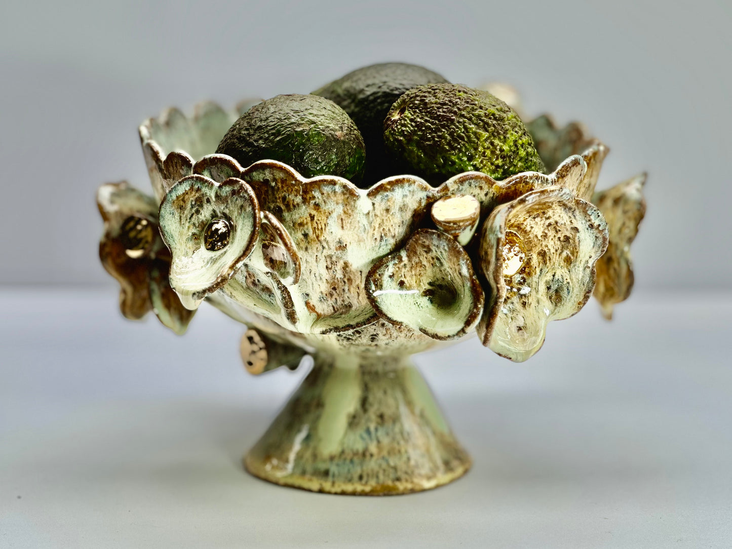 Green Speckled Bowl with Gold Lustered Blooms, 21