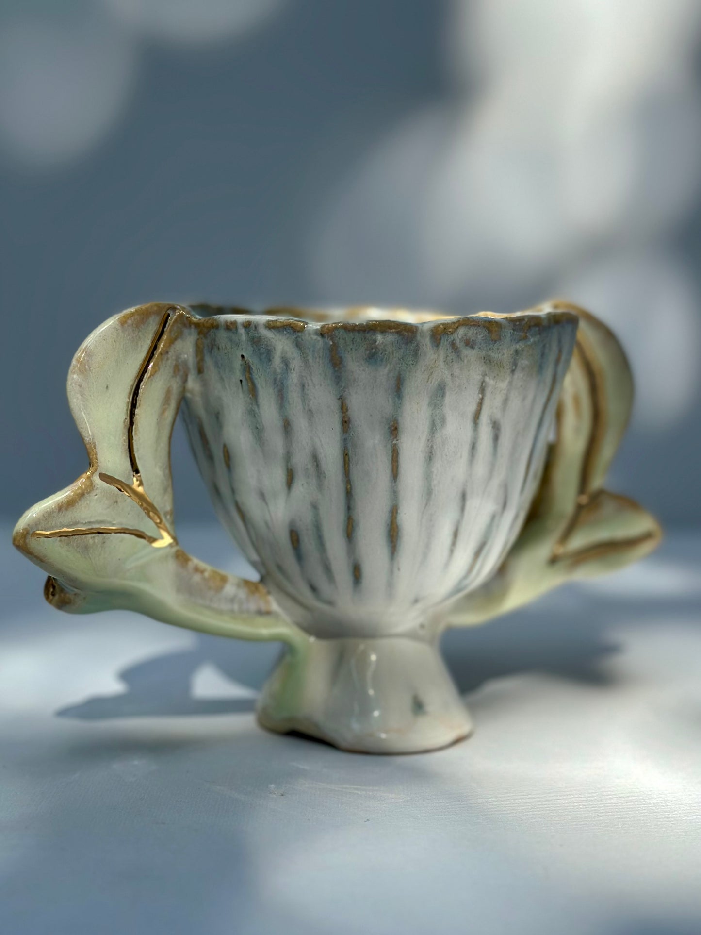 Lizzie, White Trophy with Leaf Handles and lustered blooms