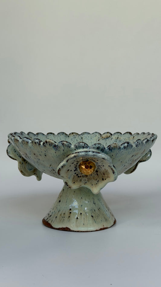 Green Speckled Bowl with Gold Lustered Blooms and Scalloped Top