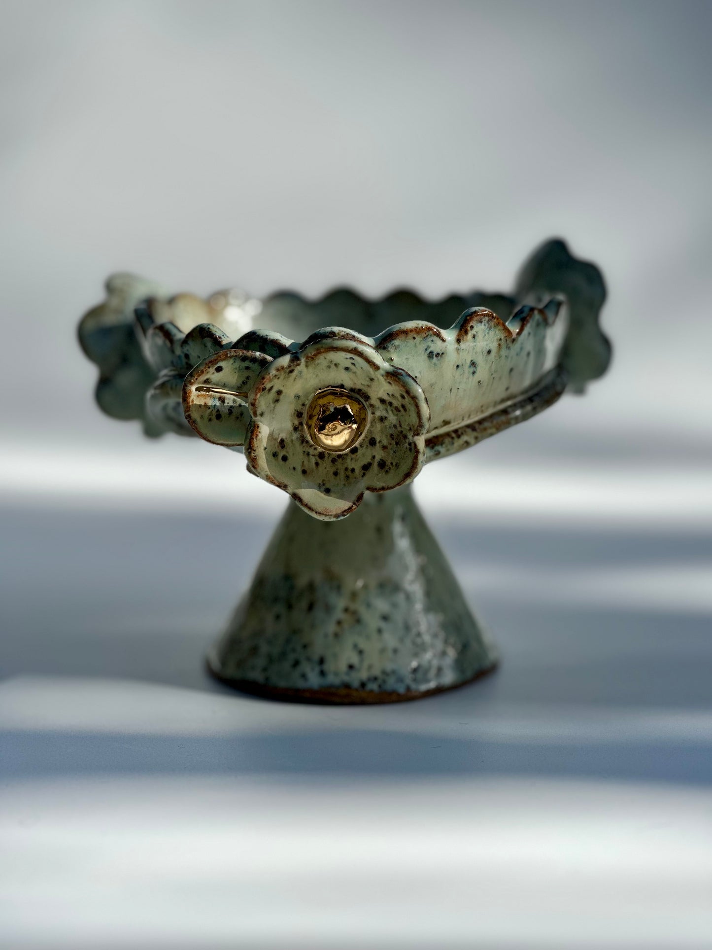 Green Speckled Bowl with Gold Lustered Blooms