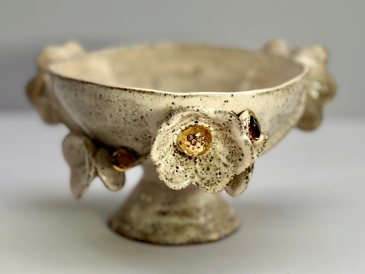 Soft Blossom Pink Speckled Bowl with Gold Lustered Blooms