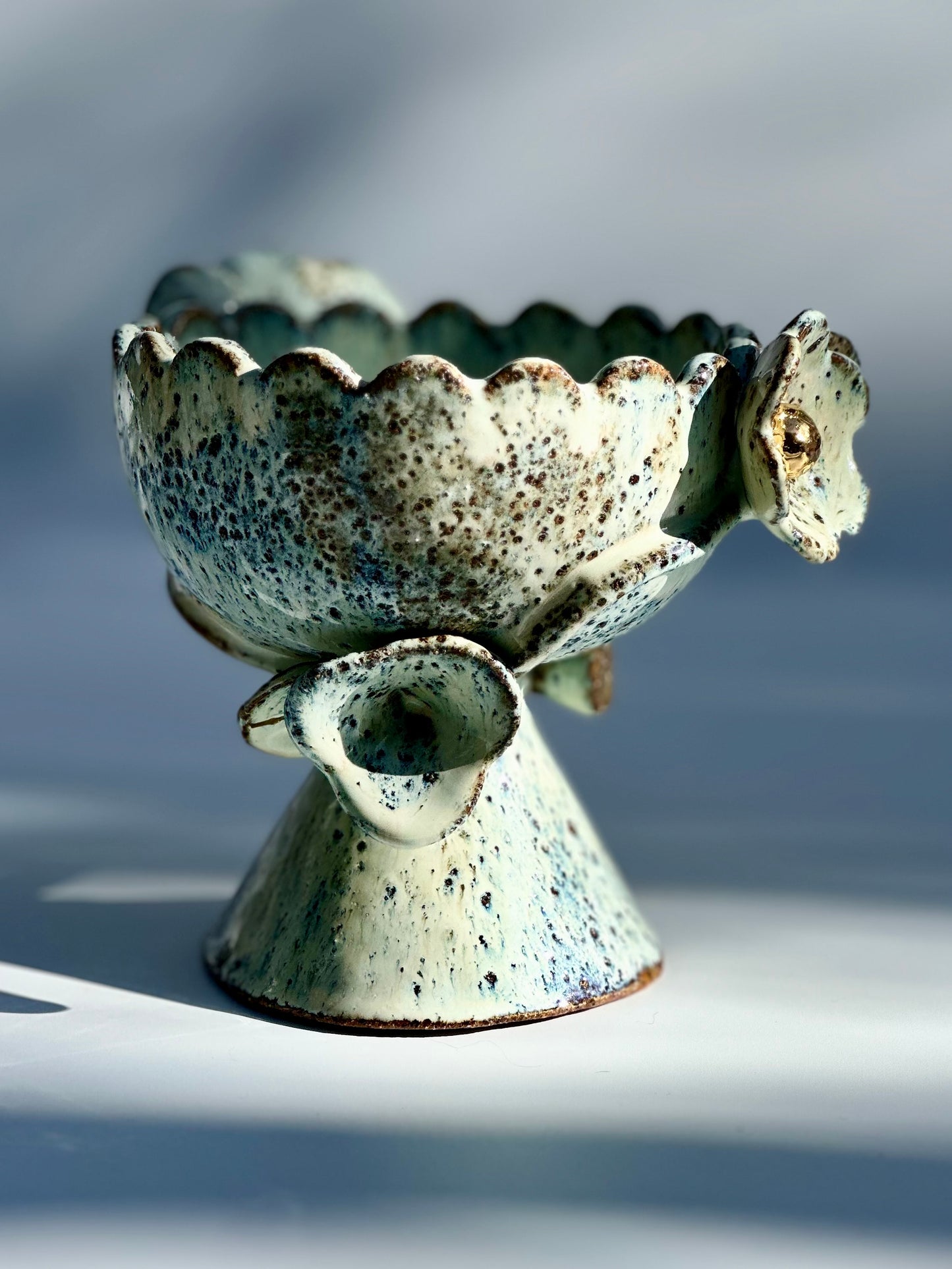 Green Speckled Bowl with Gold Lustered Blooms