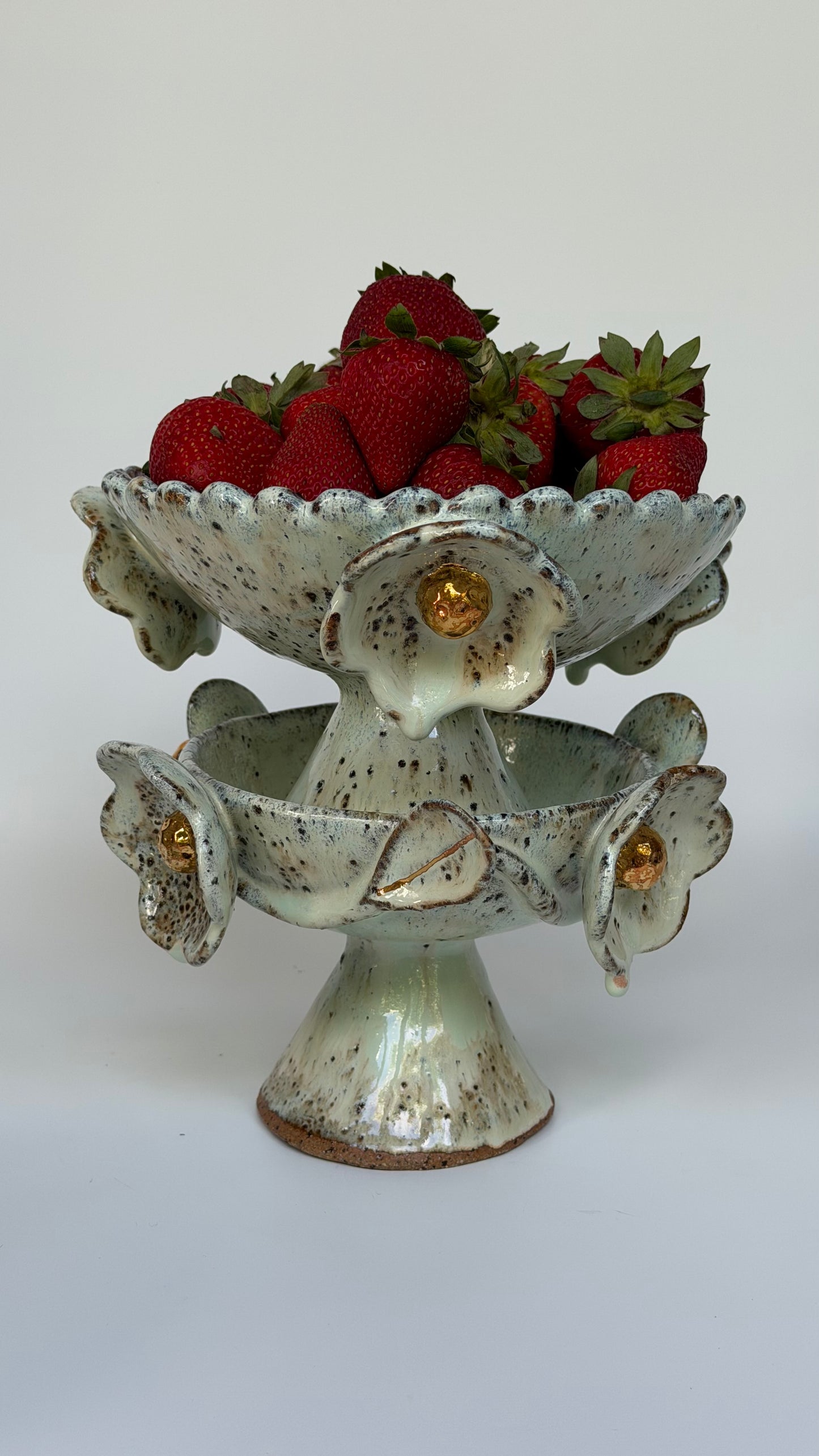 Green Speckled Bowl with Gold Lustered Blooms - Evie