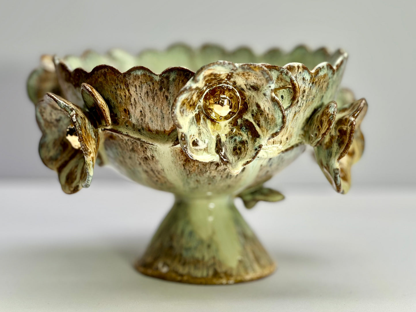 Green Speckled Bowl with Gold Lustered Blooms, 21