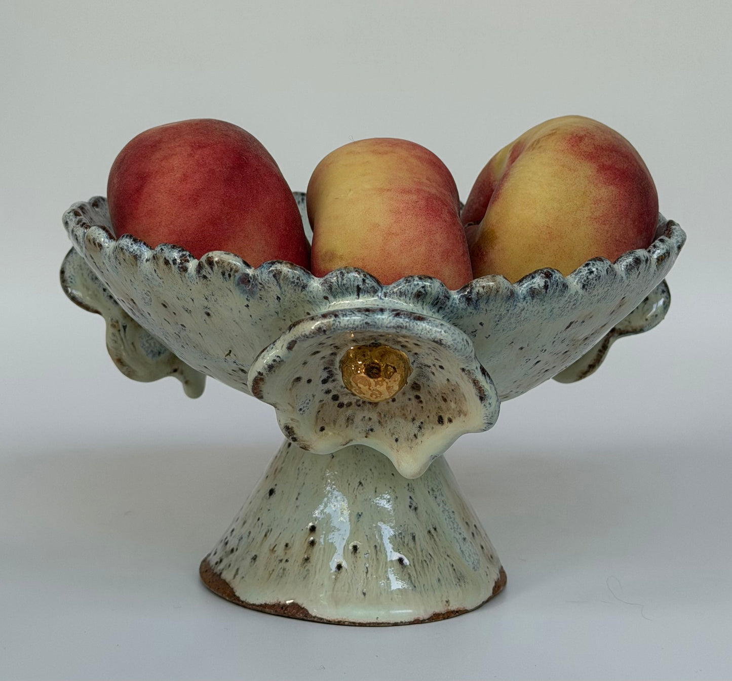 Green Speckled Bowl with Gold Lustered Blooms and Scalloped Top