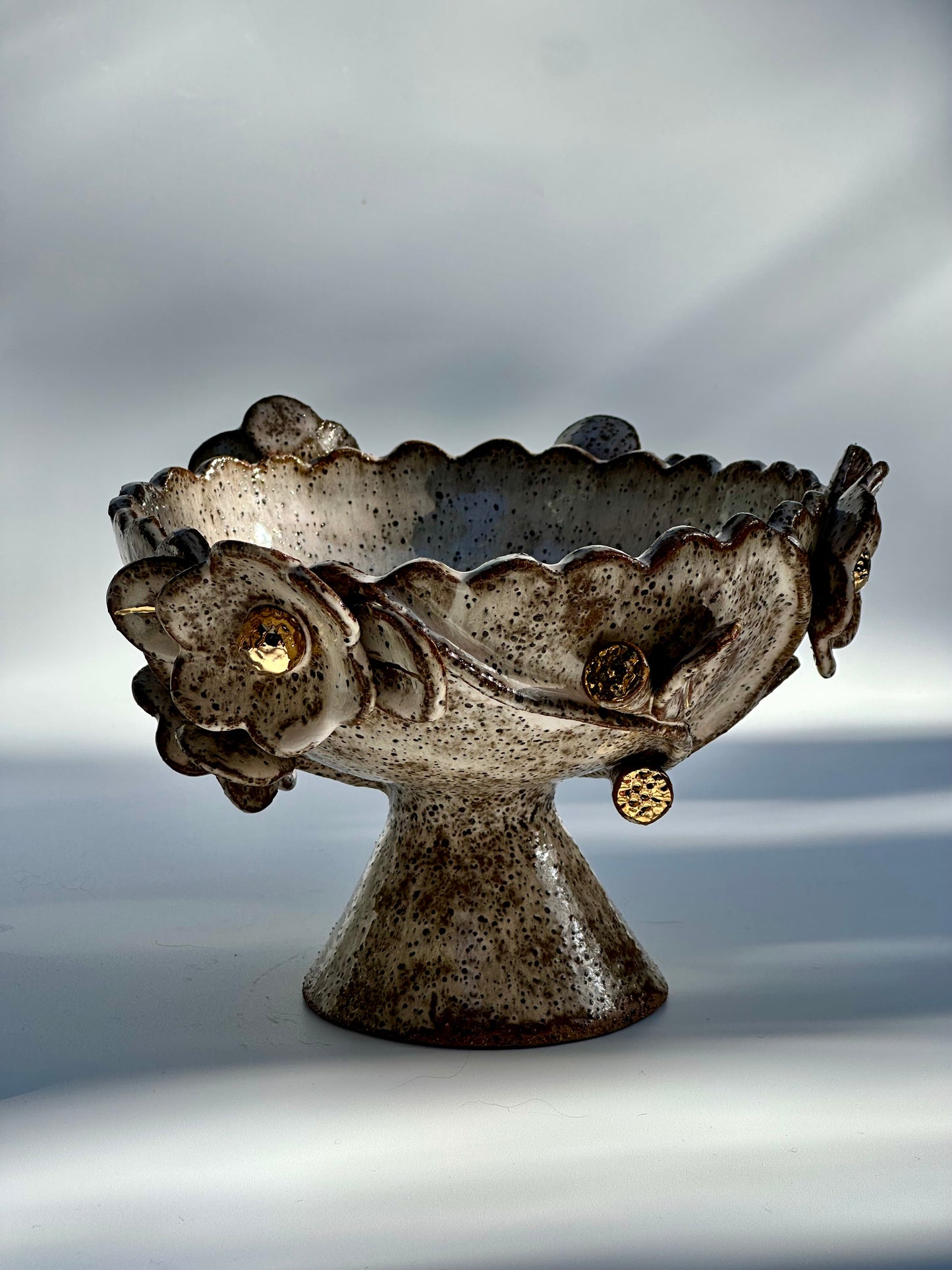 Soft Blossom Pink on Speckled Dark Clay Bowl with Gold Lustre Blooms