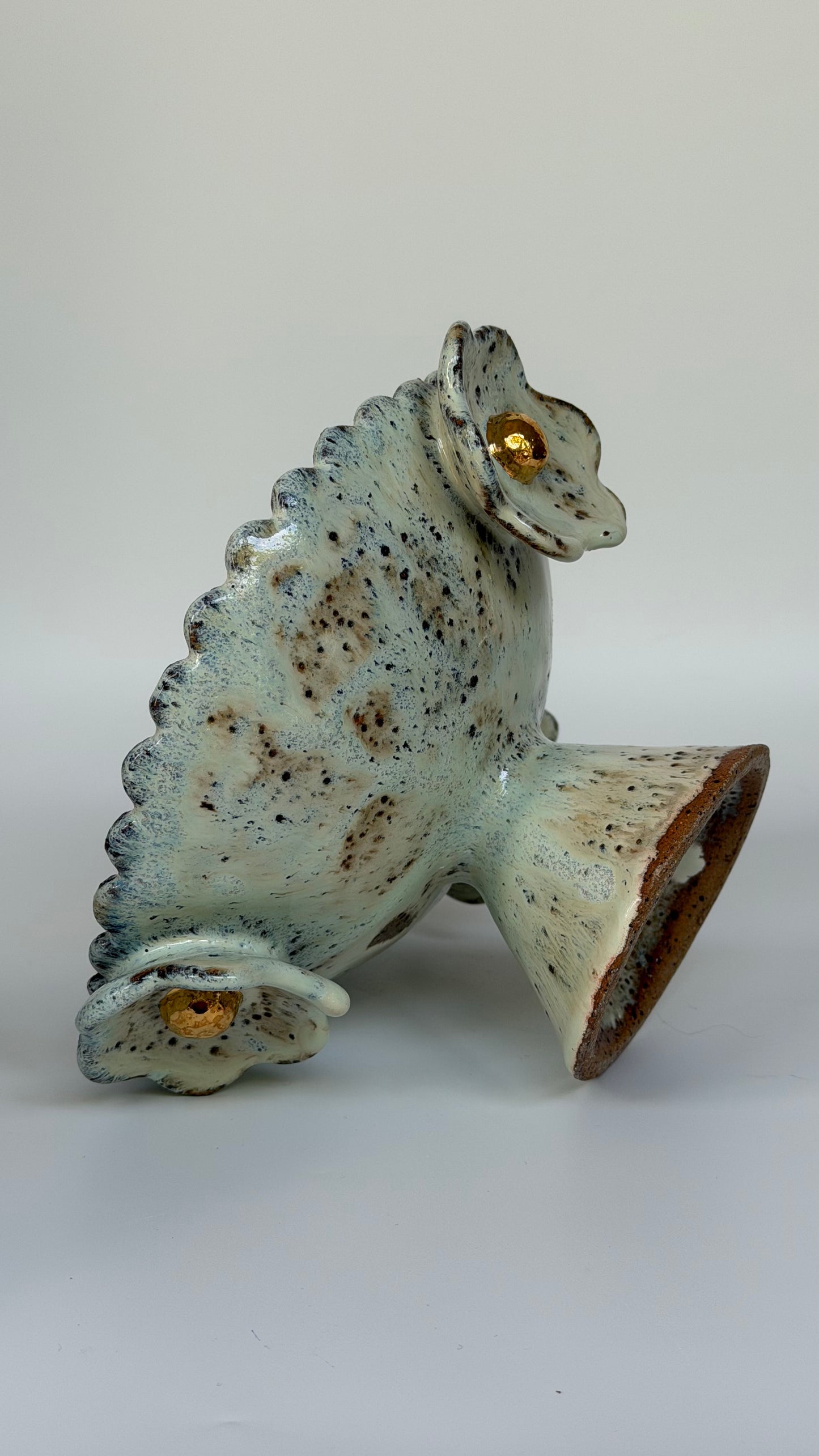 Green Speckled Bowl with Gold Lustered Blooms and Scalloped Top