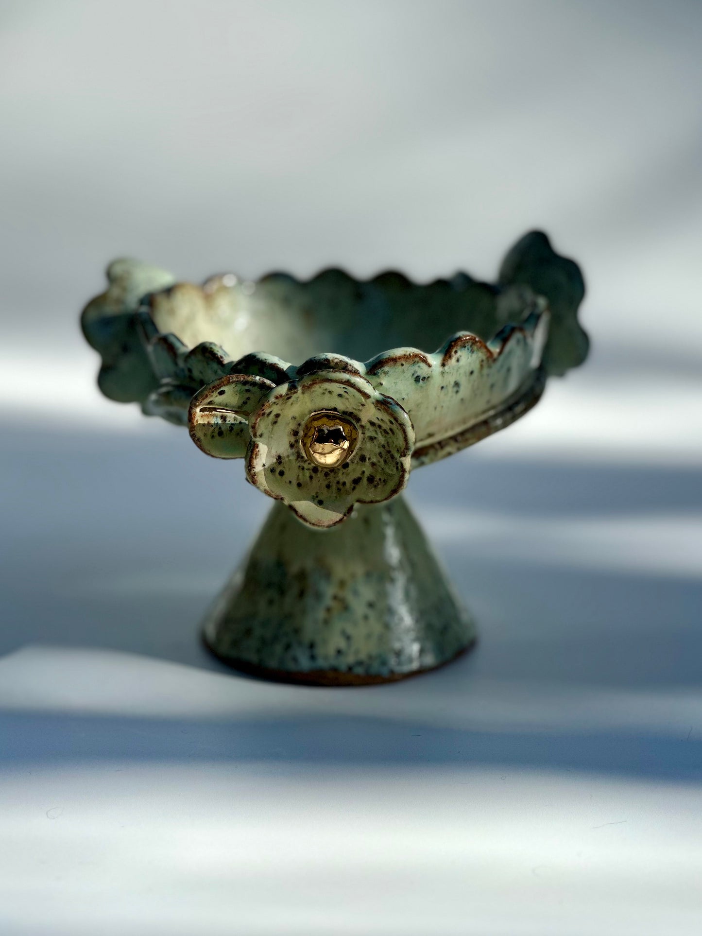 Green Speckled Bowl with Gold Lustered Blooms