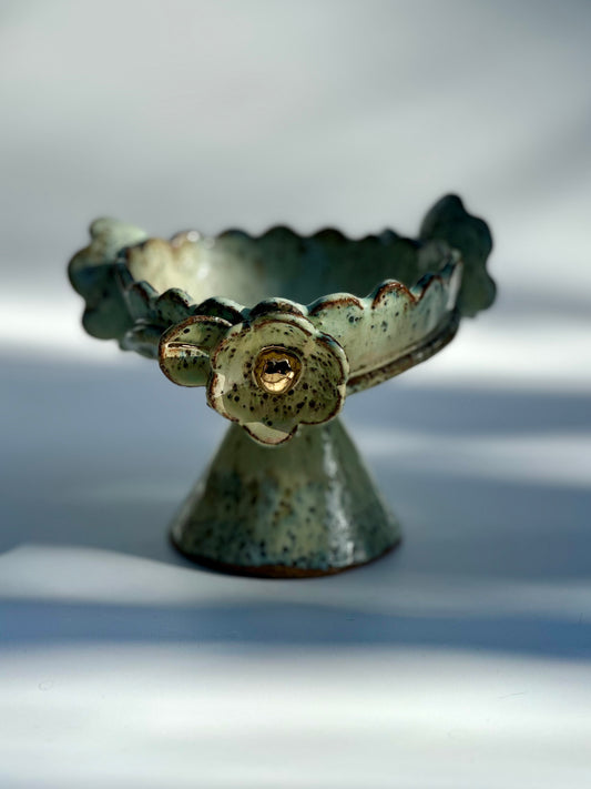 Green Speckled Bowl with Gold Lustered Blooms