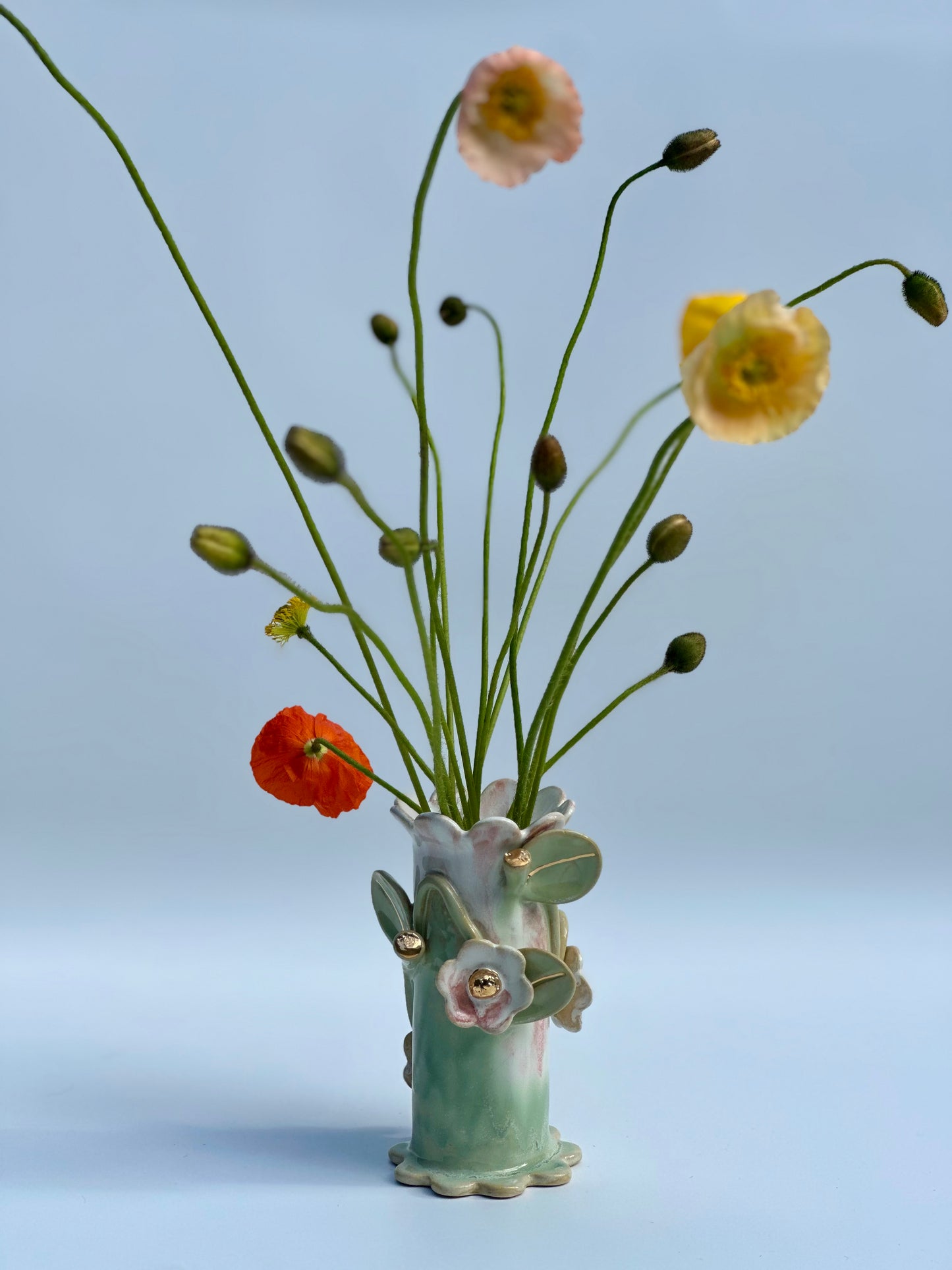 Melting Green Speckle Flowers and Flame Vase, Medium