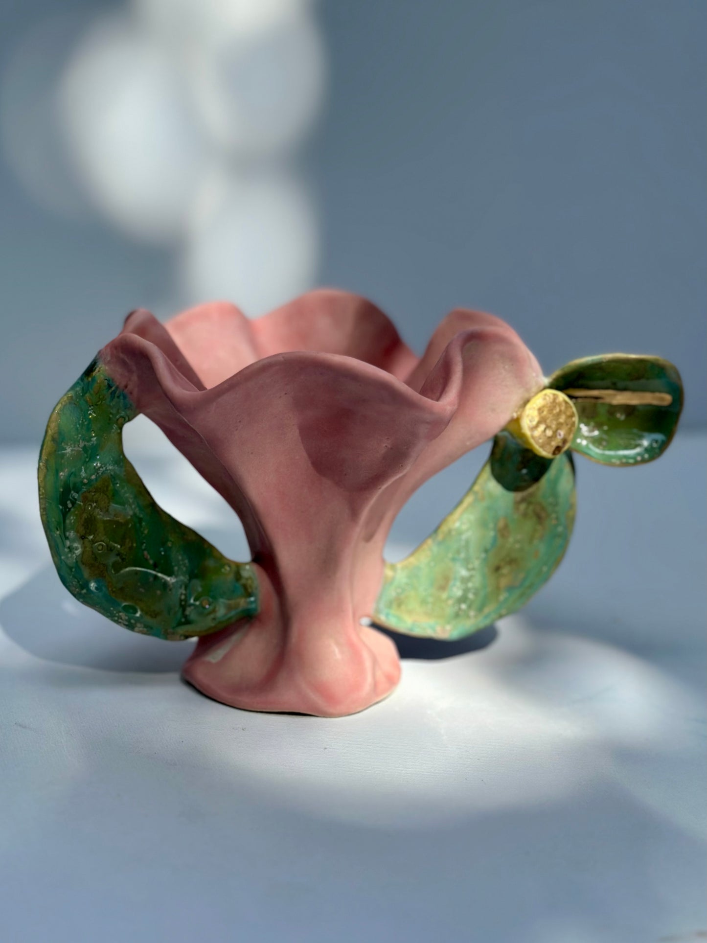 Lexie, Pink Flower Trophy with Leaf Handles