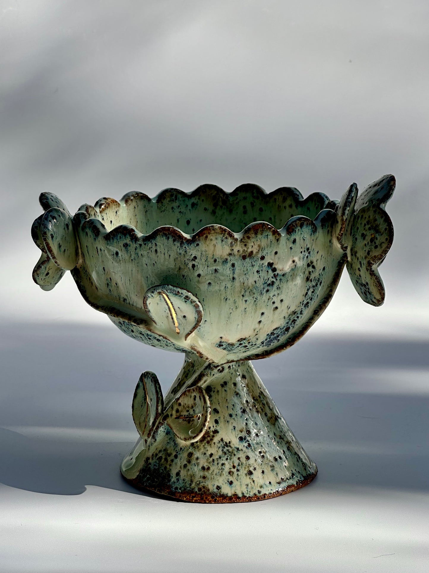 Green Speckled Bowl with Gold Lustered Blooms