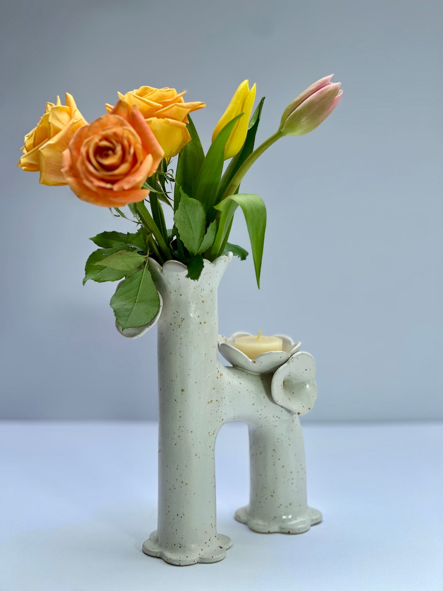 Matte White Speckle Flowers and Flame Vase