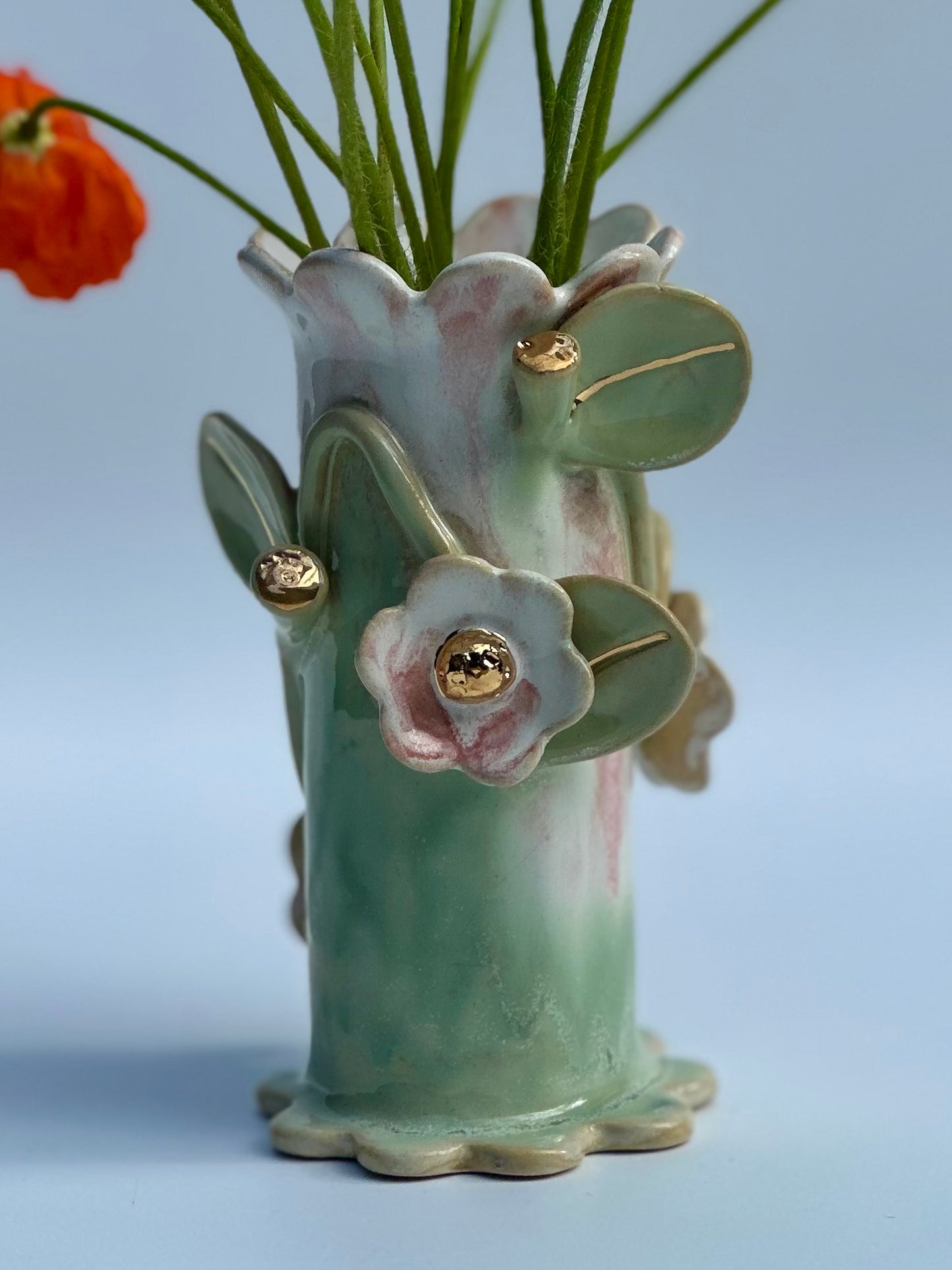 Melting Green Speckle Flowers and Flame Vase, Medium