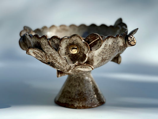Soft Blossom Pink on Speckled Dark Clay Bowl with Gold Lustre Blooms