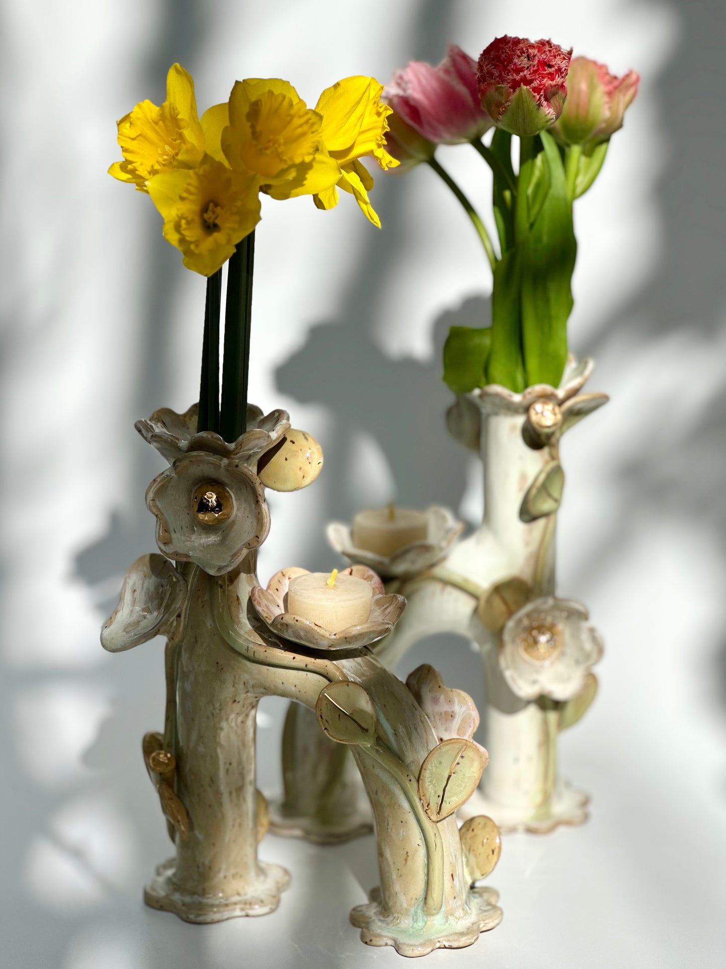 White Honey Speckle Flowers and Flame Vase, Tall