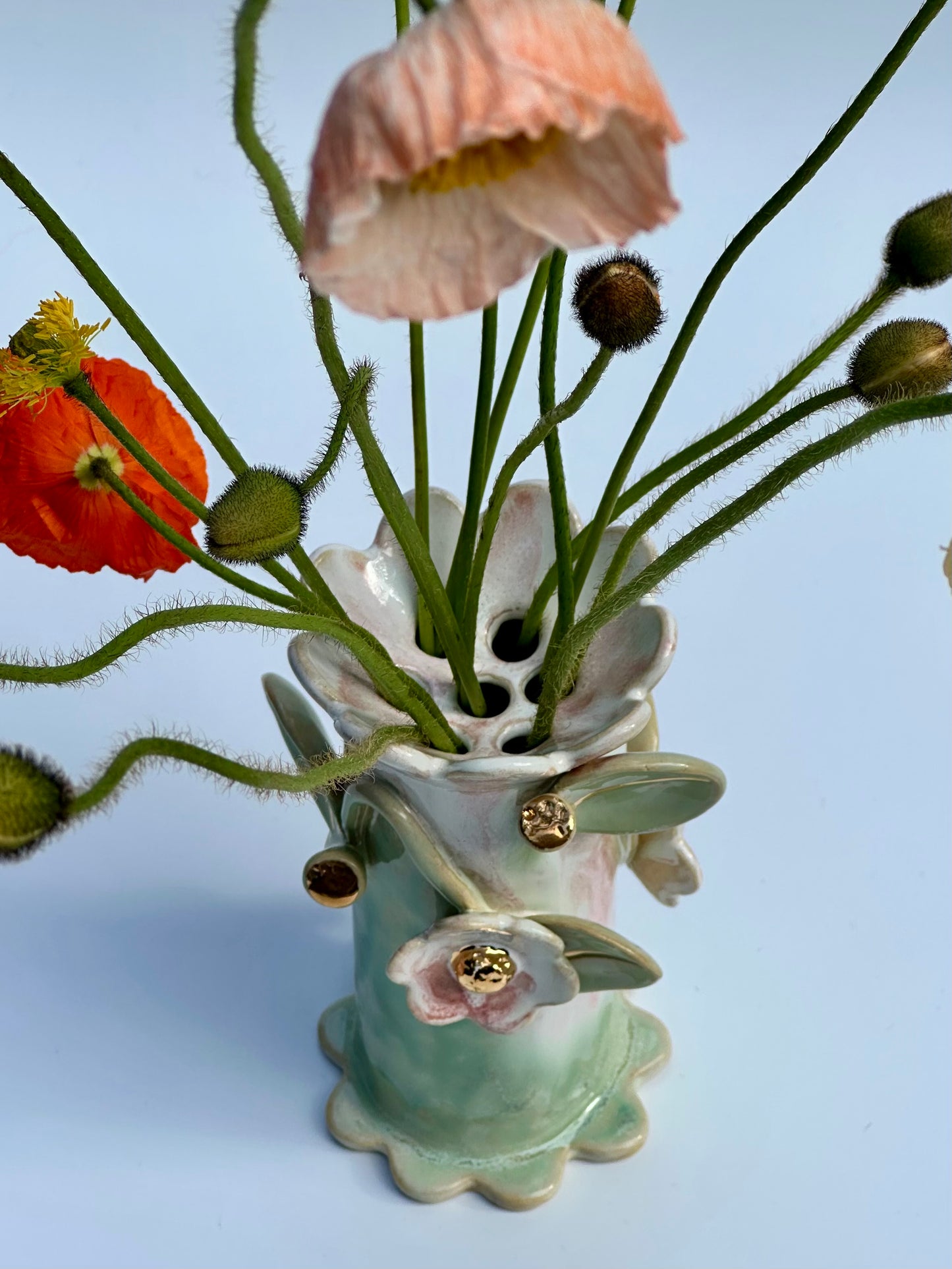 Melting Green Speckle Flowers and Flame Vase, Medium