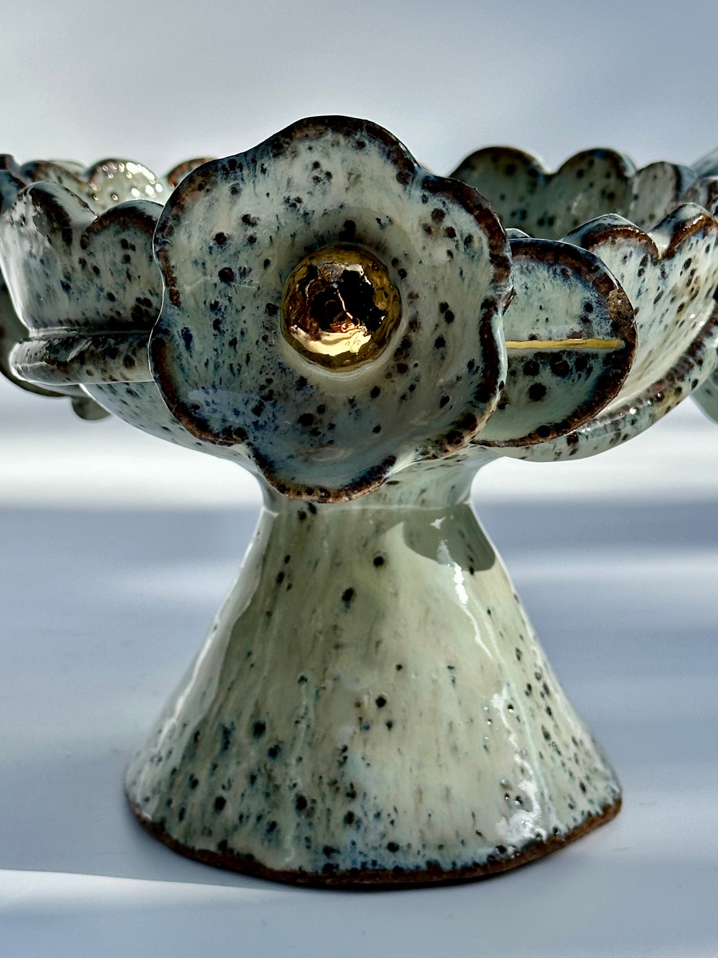 Green Speckled Bowl with Gold Lustered Blooms