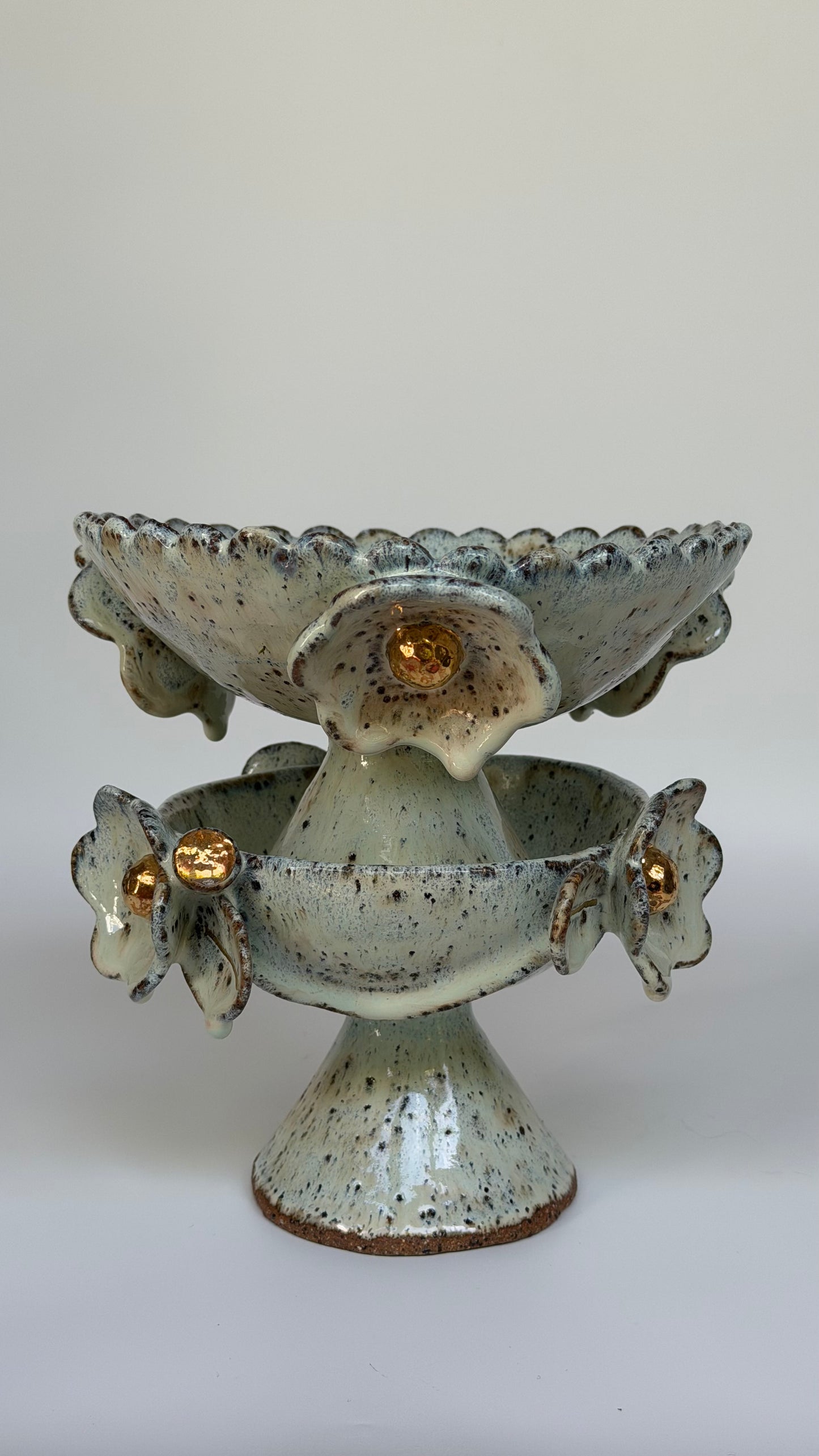 Green Speckled Bowl with Gold Lustered Blooms and Scalloped Top