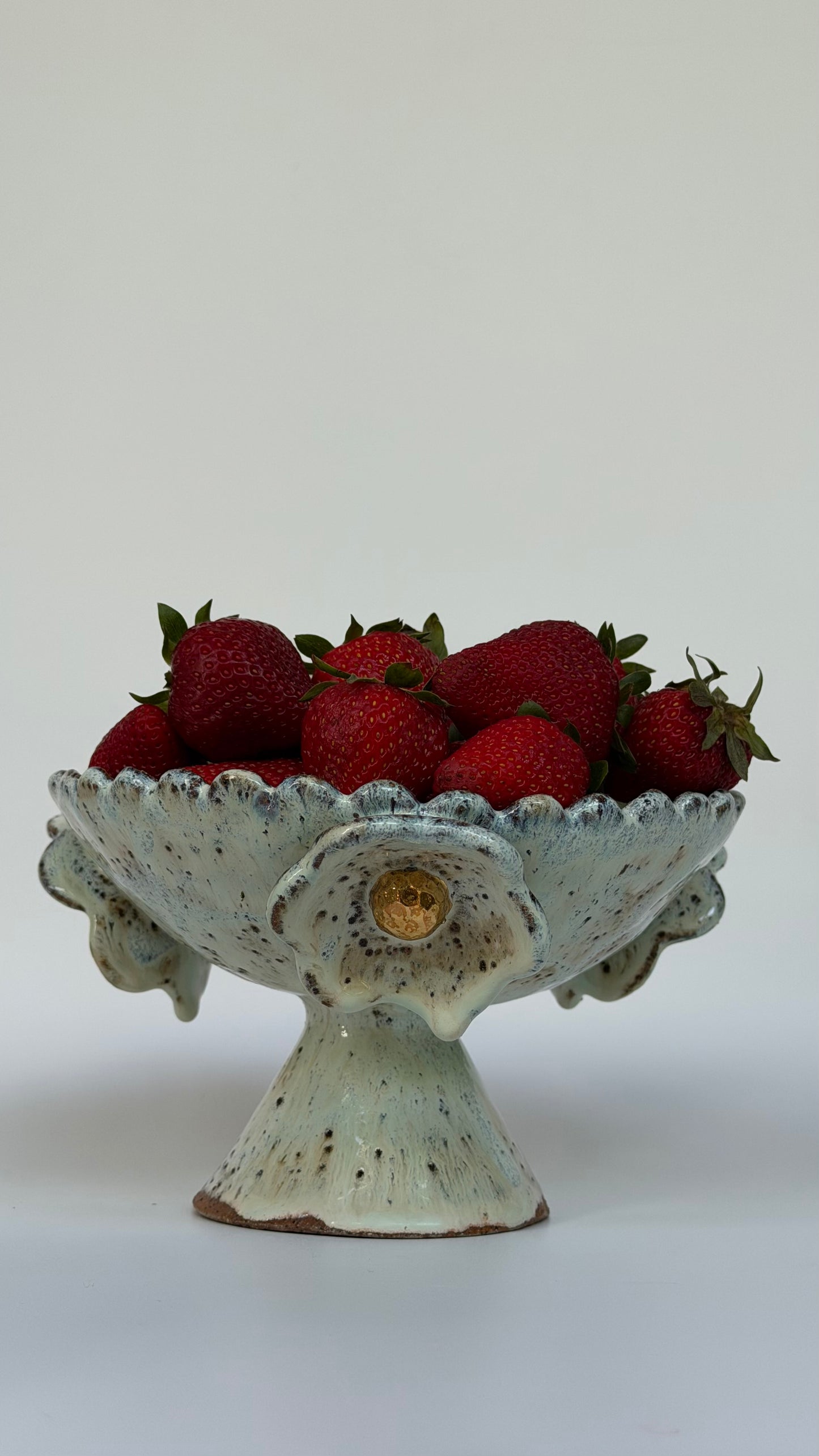 Green Speckled Bowl with Gold Lustered Blooms and Scalloped Top
