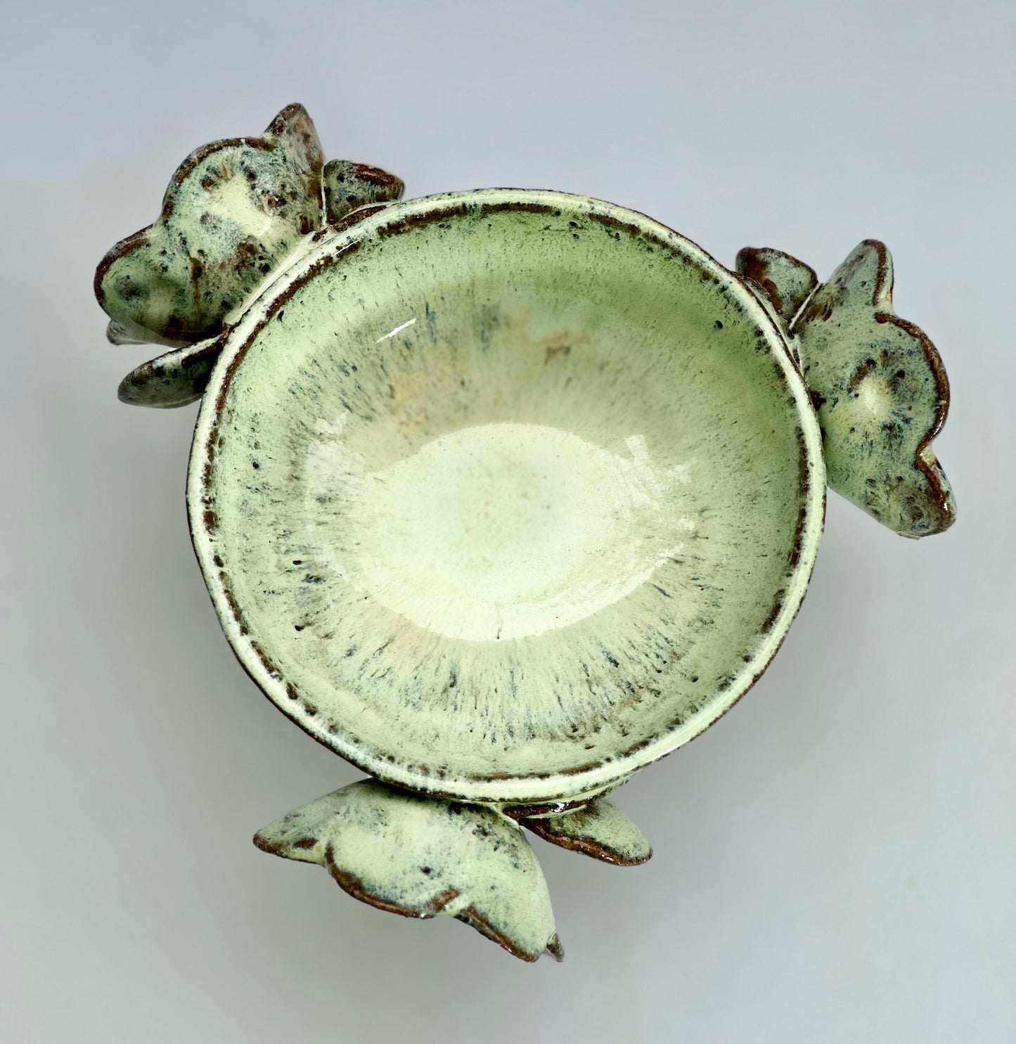 Green Speckled Bowl with Gold Lustered Blooms