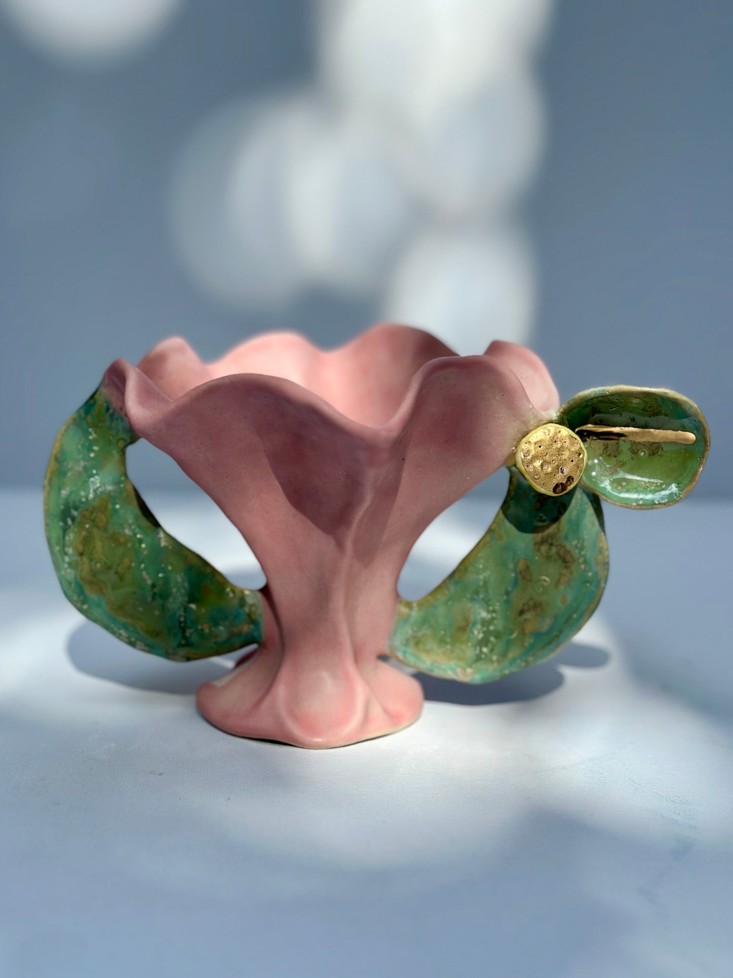 Lexie, Pink Flower Trophy with Leaf Handles